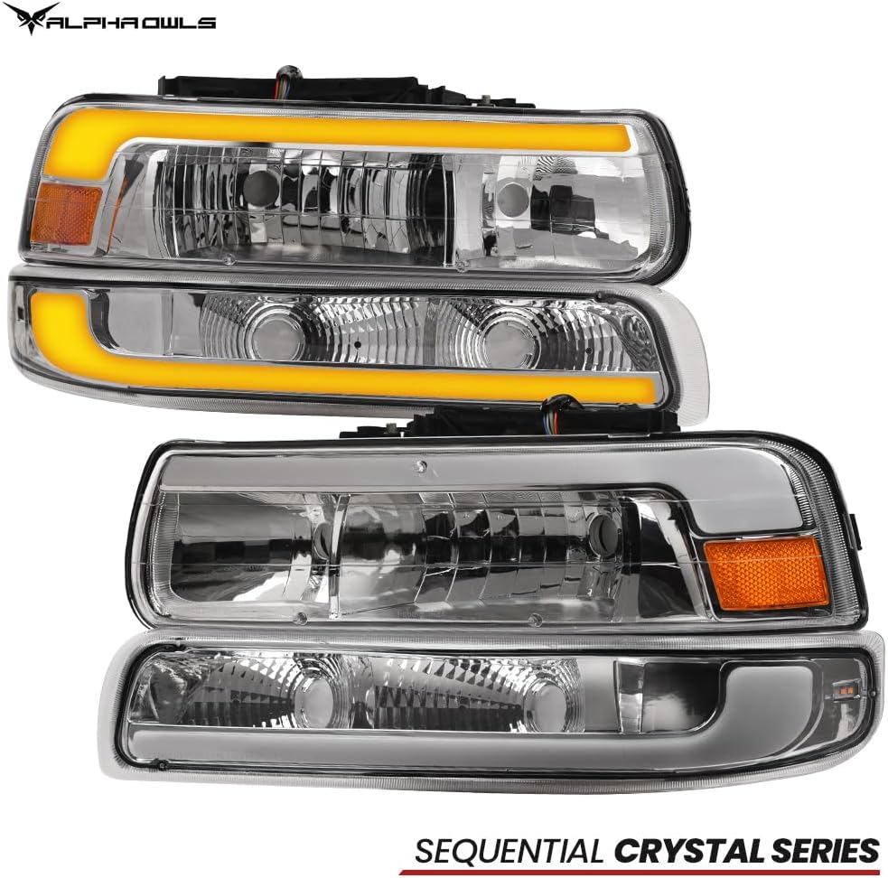 Alpha Owls Crystal Headlights With Signal Bumper Lights & Switchback Sequential LED Light Bar 4-Pieces|Compatible With 1999-2002 Chevy Silverado / 2000-2006 Suburban Tahoe|8739778|Chrome Amber