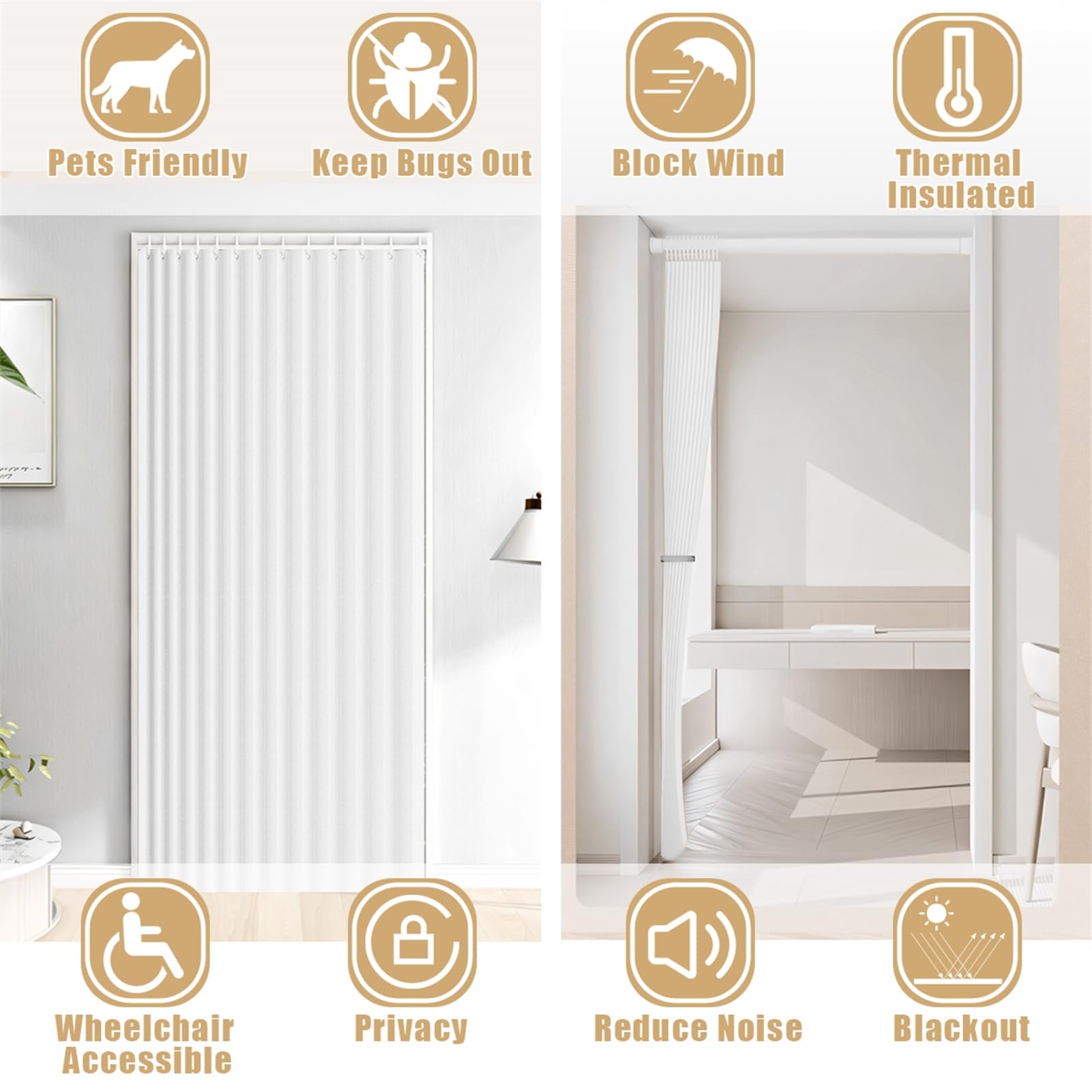 Rideaux Occultants Magnétique Isolant, Anti Froid et Chaleur, Rideaux Accordéon Invisibles pour Porte D'entrée, Salon, Placard, Chambre, 220 G/M², Blanc, 120x200cm