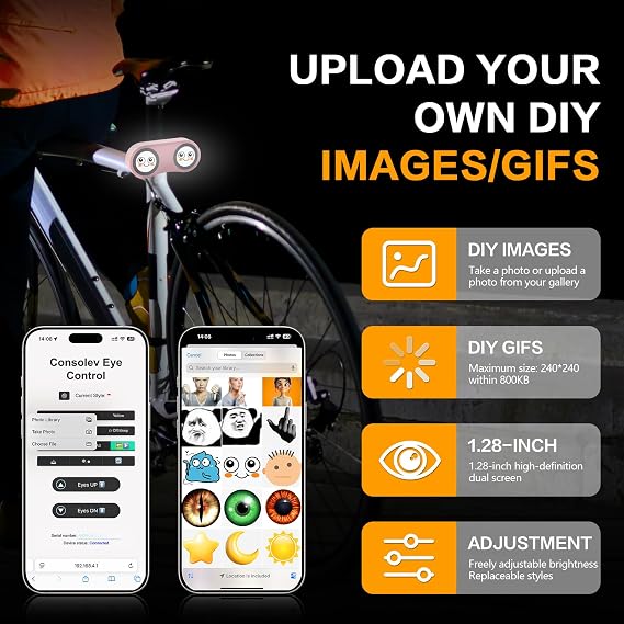 Demon Eyes Bike Tail Light APP Control Programmable Rear Bike Light, Multi-Mode Animation Display, USB Rechargeable LED Smart Devil Eye Bicycle Taillights for Night Riding