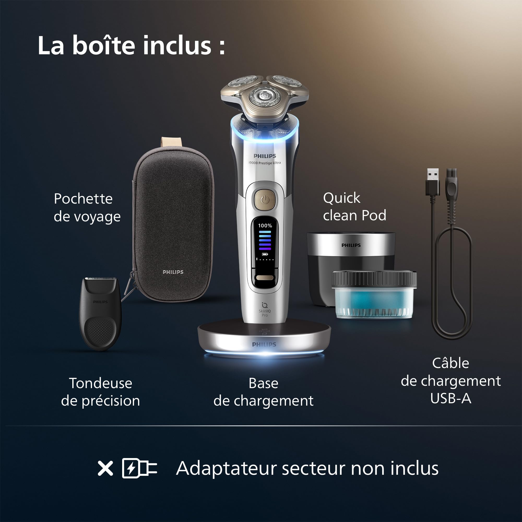 Philips Rasoir i9000 Prestige Ultra, rasoir électrique 100% étanche, technologie Skin IQ Pro, système Triple Lift & Cut, lames de précision NanoTech rotatives à 360°, 5 modes de rasage, XP9404/31