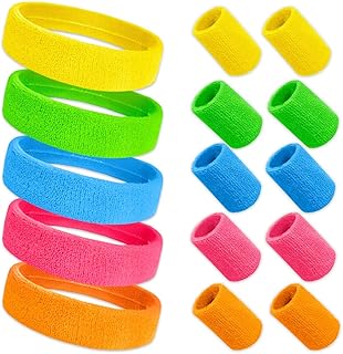 Muñequera 80s Set, 15pcs Diadema Deportiva Cinta Sudor Muñequera Deportiva Banda Deportes Accesorios Bandas de Pelo y Muñequeras Disfraz para Hombres y Mujeres Deportes, Gimnasta, Carnaval