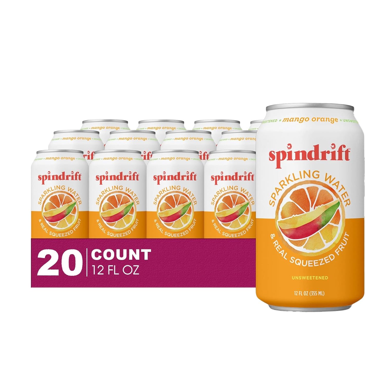 Spindrift 20- Pack of Mango-Orange Sparkling Water & Real Squeezed Fruit 12 fl oz Can