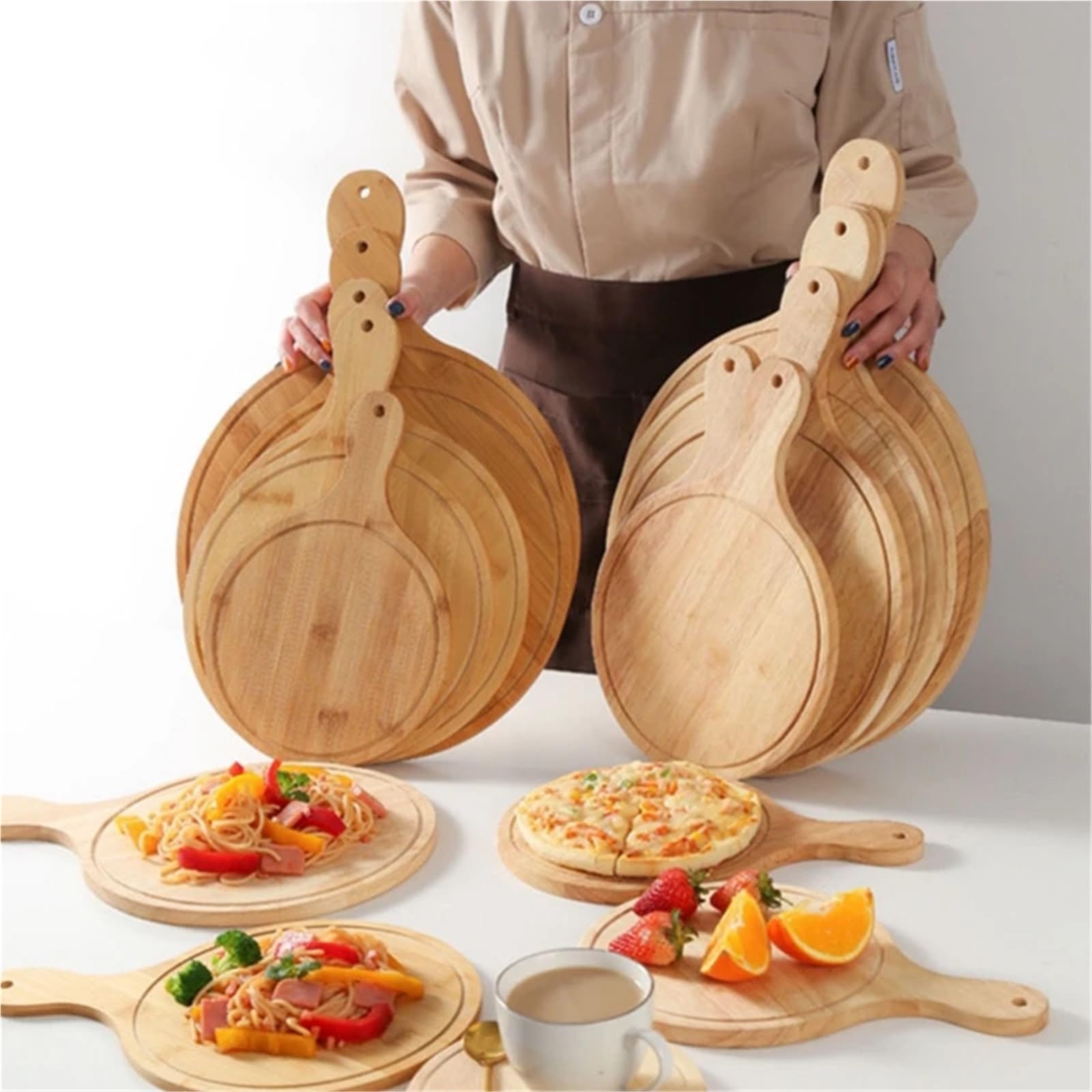 Pizzabrett aus Holz, rundes Backblech mit Pizzastein und Schneidebrett, Backzubehör für die Küche