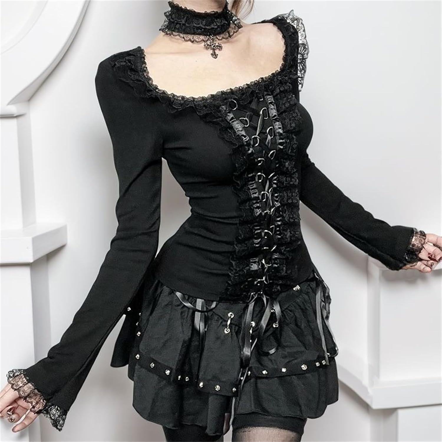 Goth Top T Shirts Women Lace-Up Long Sleeve Square Neck Punk Aesthetic Vintage Fairy - Image 3