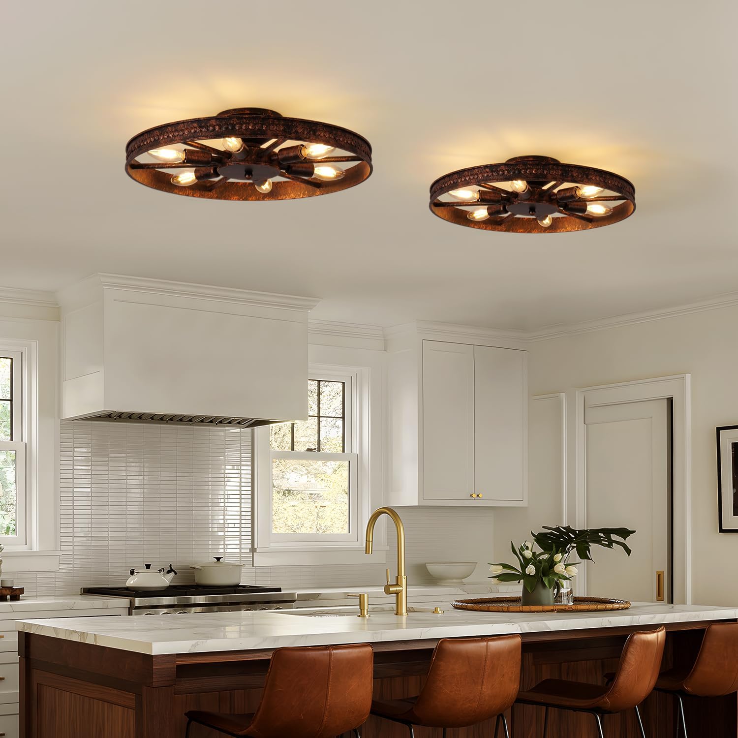 Semi Flush Mount Ceiling Light, Industrial Metal Ceiling Light Fixture, 18.9" Rustic 6-Light Farmhouse Light, Red Rust Chandelier for Kitchen Dinning Room Entryway Living Room