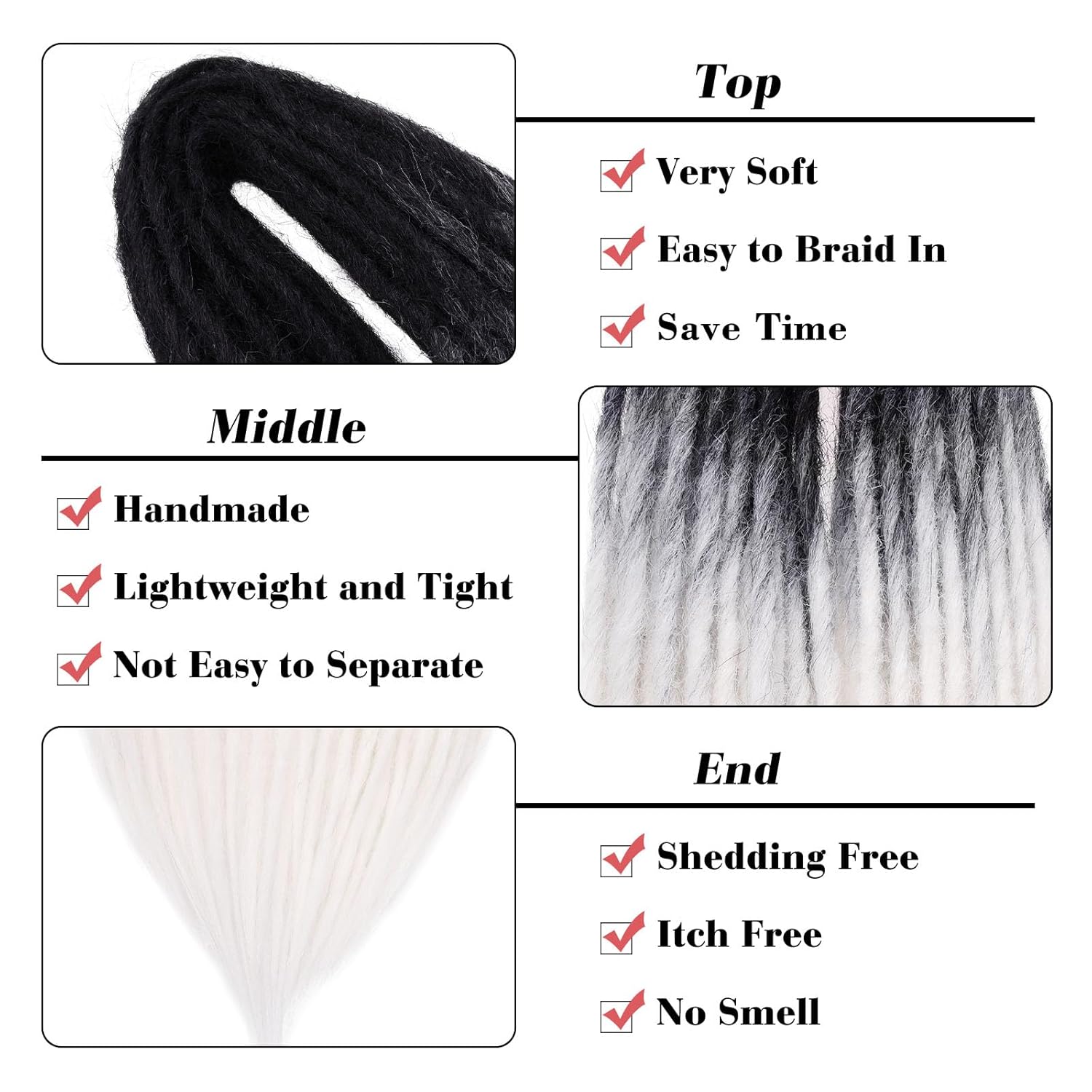 Leeven 30 Strands Double Ended Dreadlock Extensions 24 Inch Black to White Synthetic Crochet DE Dreads Extensions Full Set Handmade Soft Loc Extensions Reggae Style Hair for Women Men