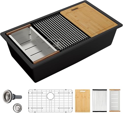 Miniatura 34 de Sarlai Fregadero de cocina negro de 18 x 18 pulgadas, fregadero de estación de trabajo de preparación de barra de 18 x 18 pulgadas, fregadero