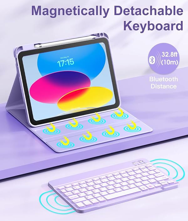 Hamile for iPad 11th 10th Generation Case with Keyboard - 7 Colors Backlit Wireless Detachable Folio Keyboard Cover with Pencil Holder for iPad 11-inch A16 2025 10th Gen 10.9 Inch 2022 (Purple) by Hamile - Image 4