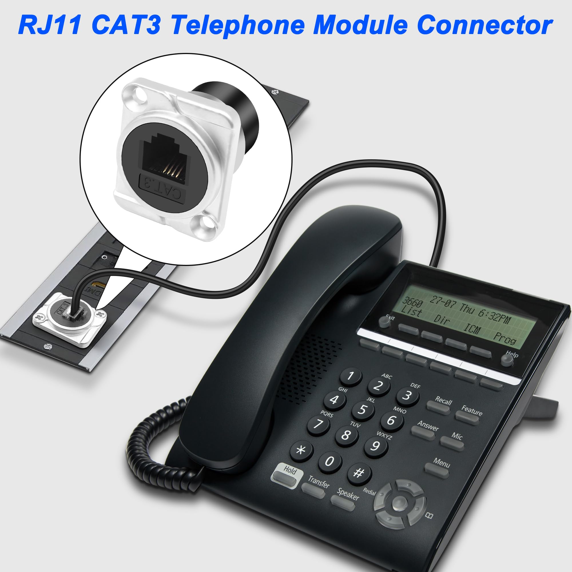 XMSJSIY Lot de 2 adaptateurs de panneau de type D RJ11 CAT3 femelle vers femelle type D CAT3 6P4C pour téléphone - Adaptateur passe-through - Adaptateur de bureau - Argenté