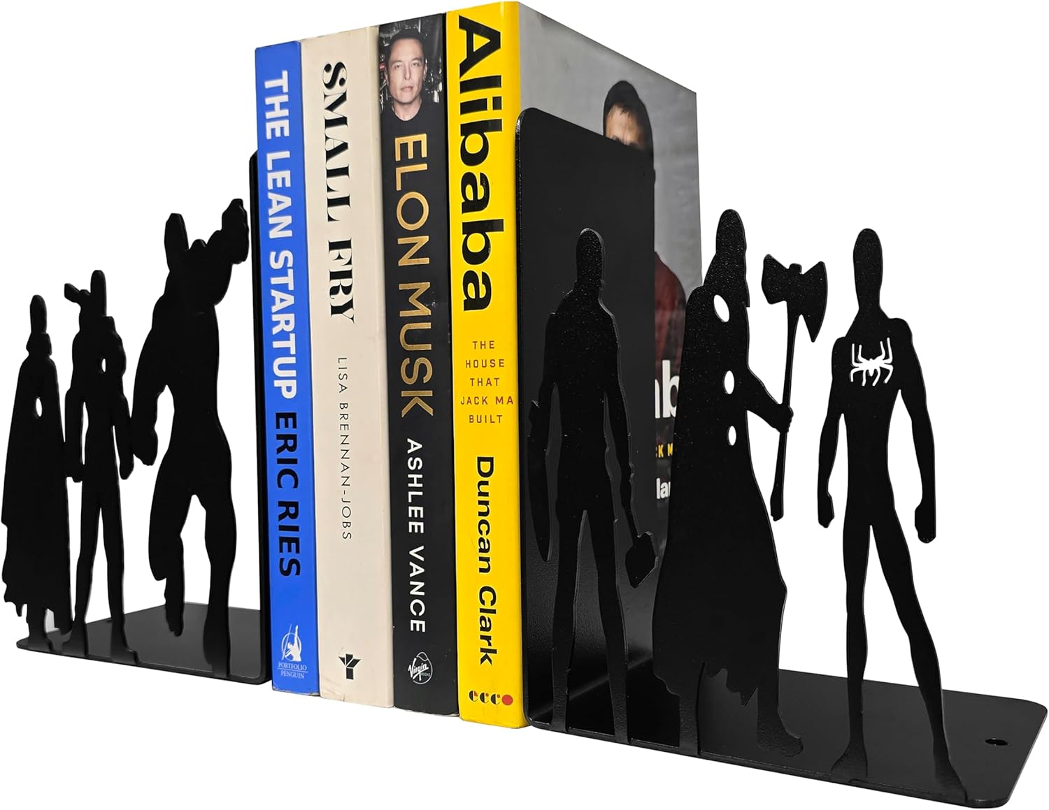 Superhero Metal Bookends, 8 inch Height, 11 inch Width, 4 inch Depth, Black Powder Coated, 3 lbs, Decorative Bookends for Shelves