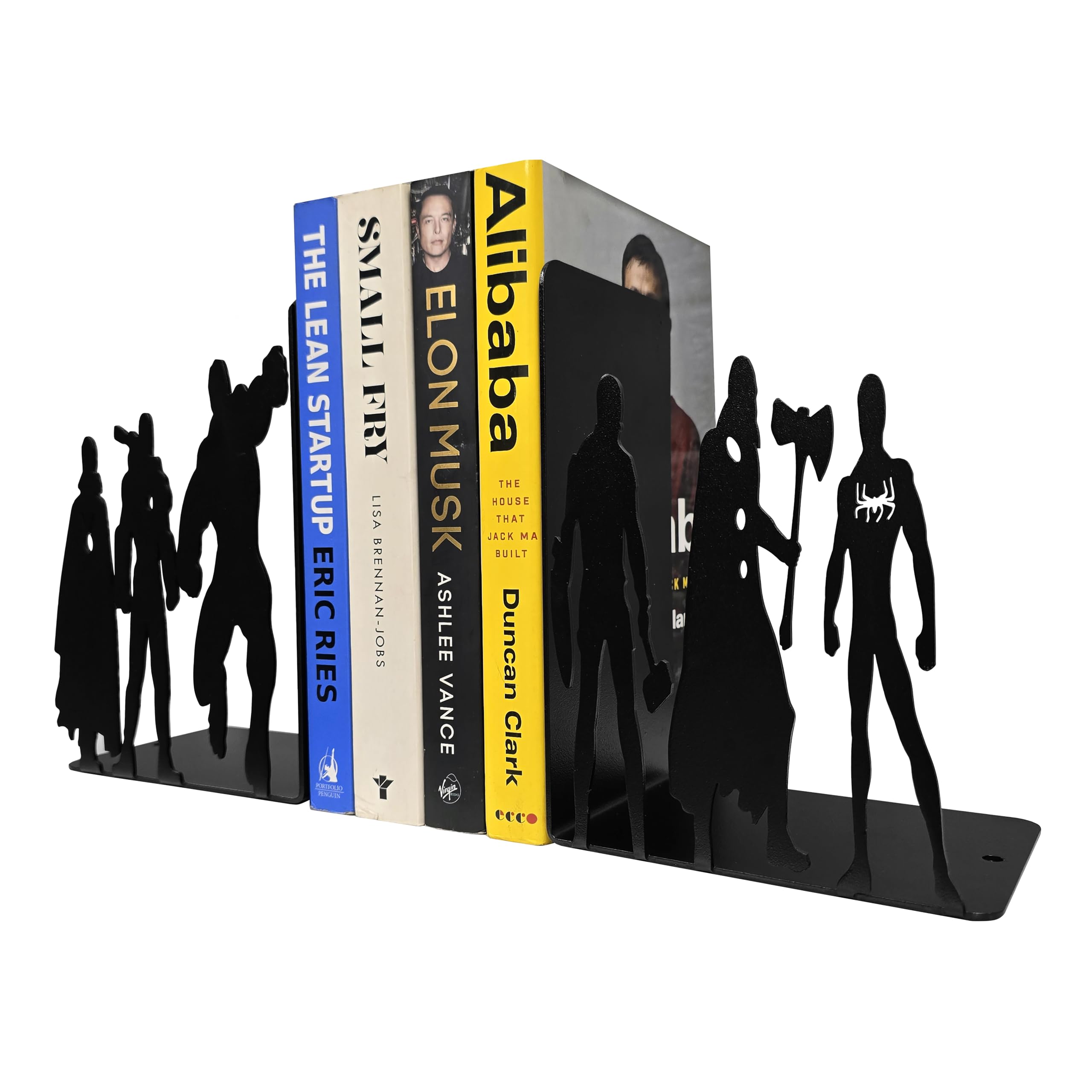 Superhelden-Buchstützen aus Metall, 20,3 cm hoch, 27,9 cm breit, 10,2 cm tief, schwarz pulverbeschichtet, 1,4 kg, dekorative Buchstützen für Regale