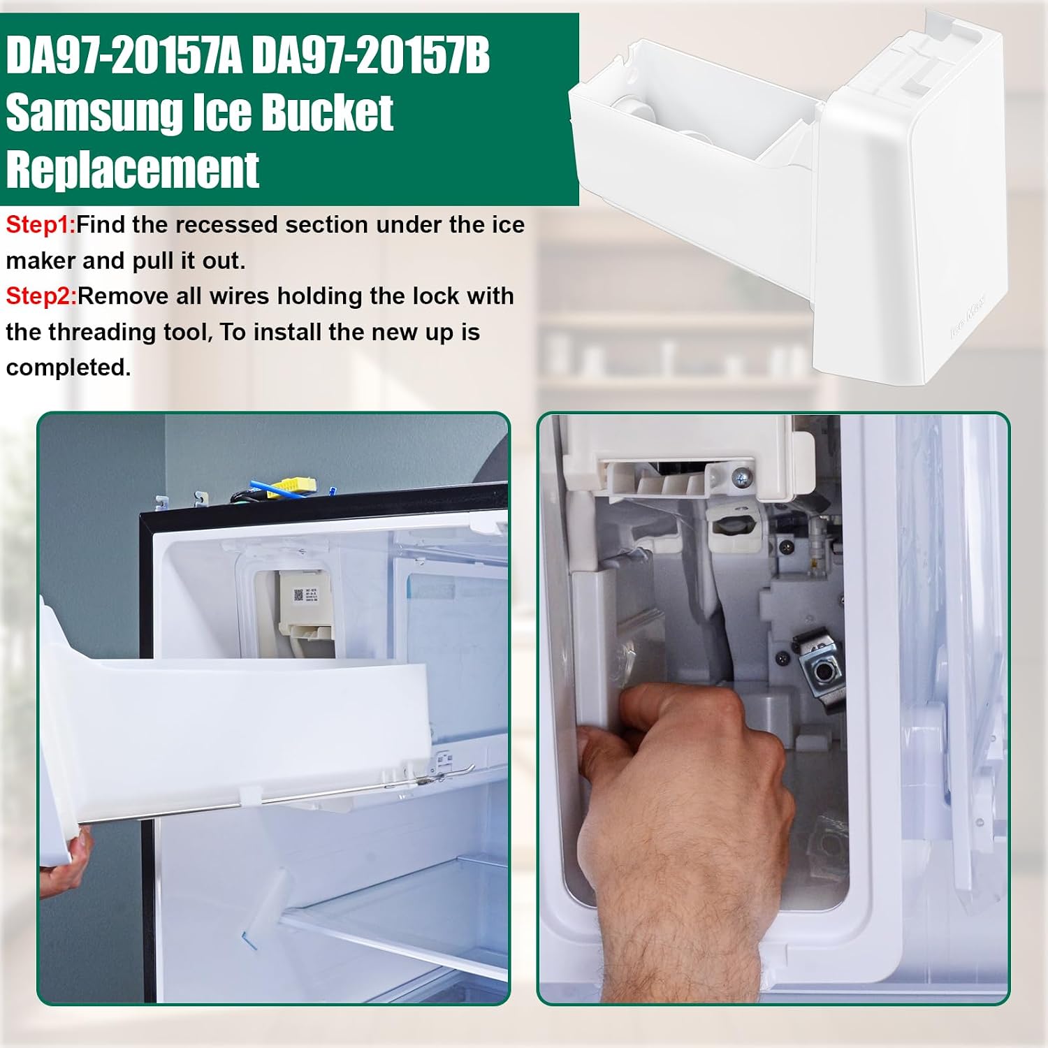 Upgraded DA97-20157A DA97-20157B Refrigerator Ice Bucket Replacement Compatible with Samsung Ice Maker Tray RF24R7201SR RF22R7551SR RF22NPEDBSR RF22R7351DT RF24R7201SG Ice Tray Container Assembly