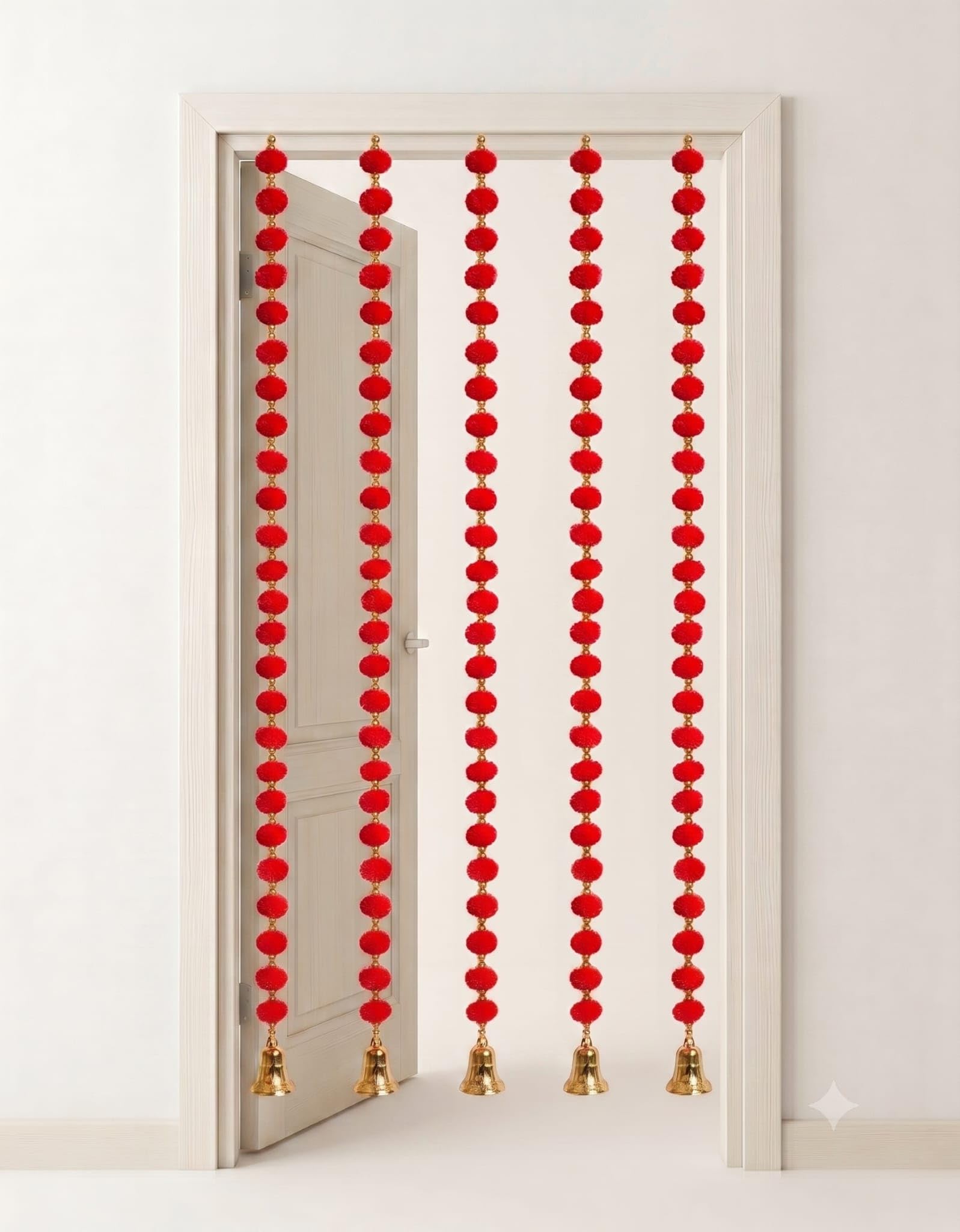 Indian Handmade Pom Pom Garland with bells latkans 5 feet approx pack of 2 garlands Diwali decor Christmas decor (Red) — image 1