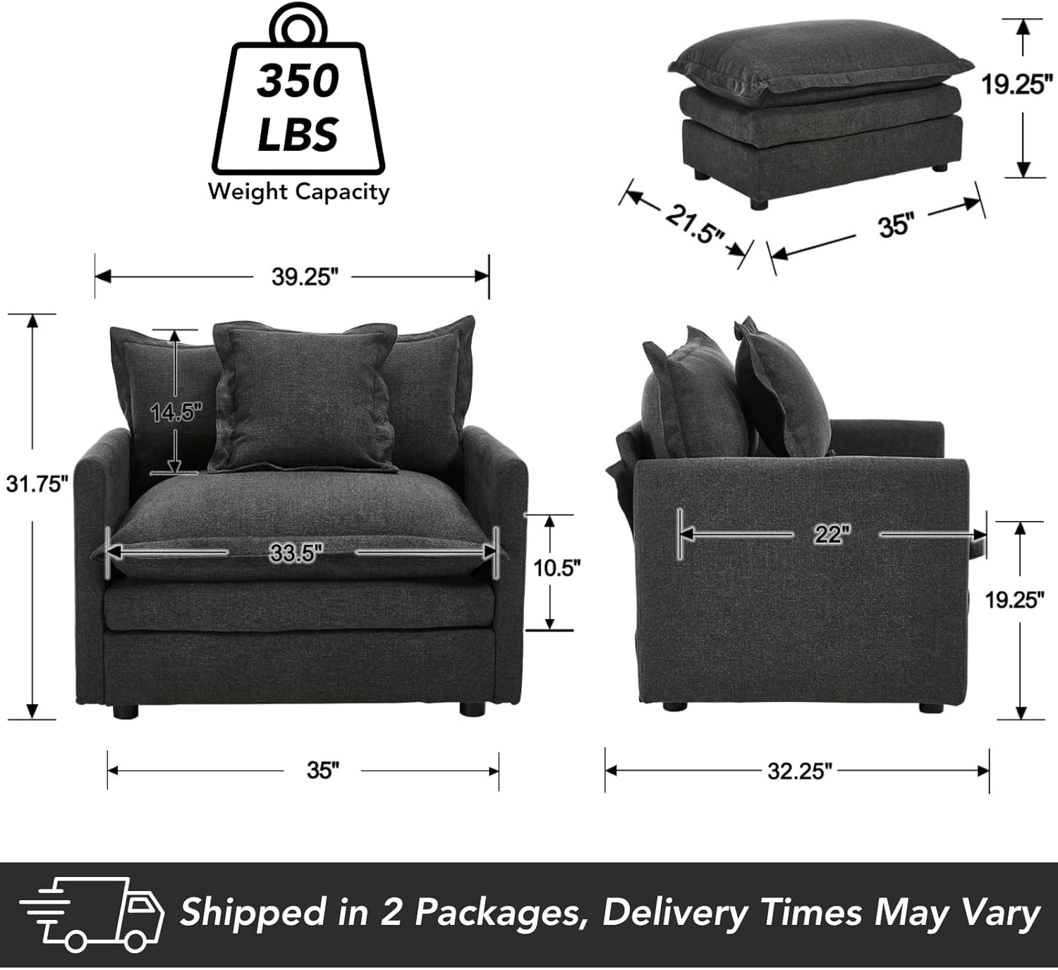 chairus Modern Accent Chair with Ottoman, Oversized Upholstered Living Room Chair, Comfy Sleeper Chaise Lounge Chair Indoor Club Chair for Bedroom Apartment, Black Linen