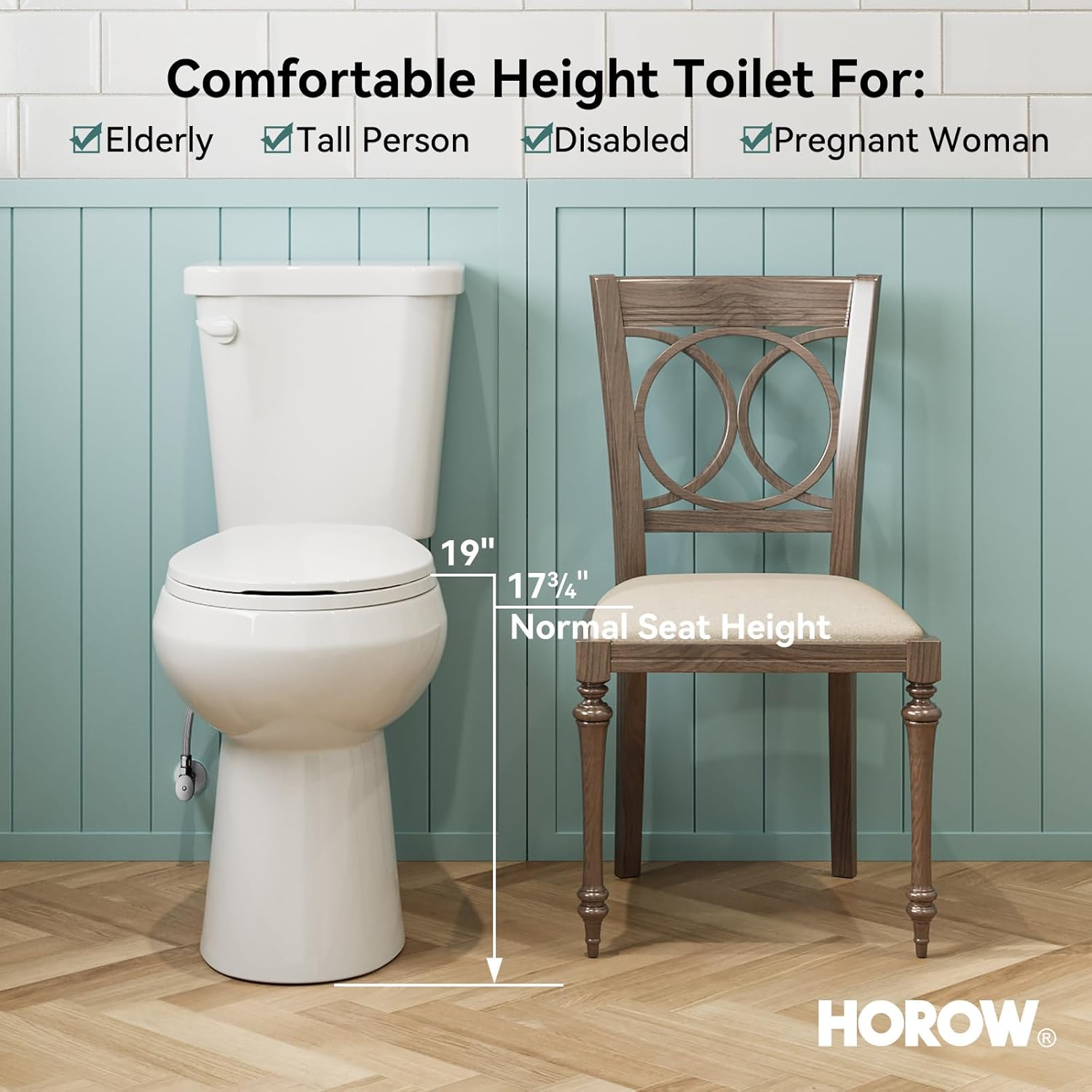 Comparison of HOROW 19-inch tall toilet with a standard height chair, illustrating the comfortable height for users.