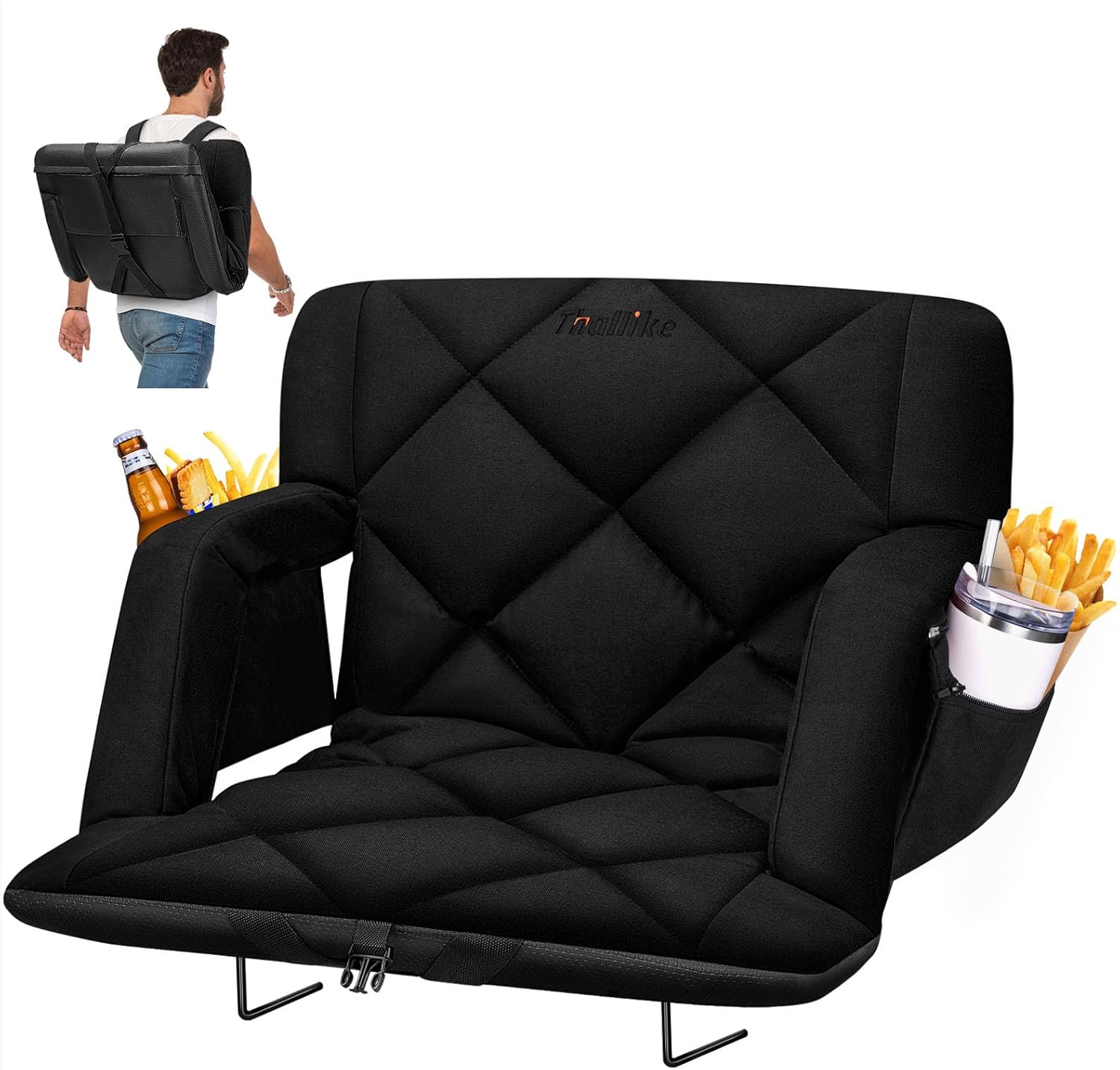 Extra Wide 25 Inch Stadium Seat with Armrests, Thick Padded Bleacher Chair with Back Support, 6 Position Reclining Cushion Seat, Sofa Style Sports Chair for Games Camping Outdoor Events