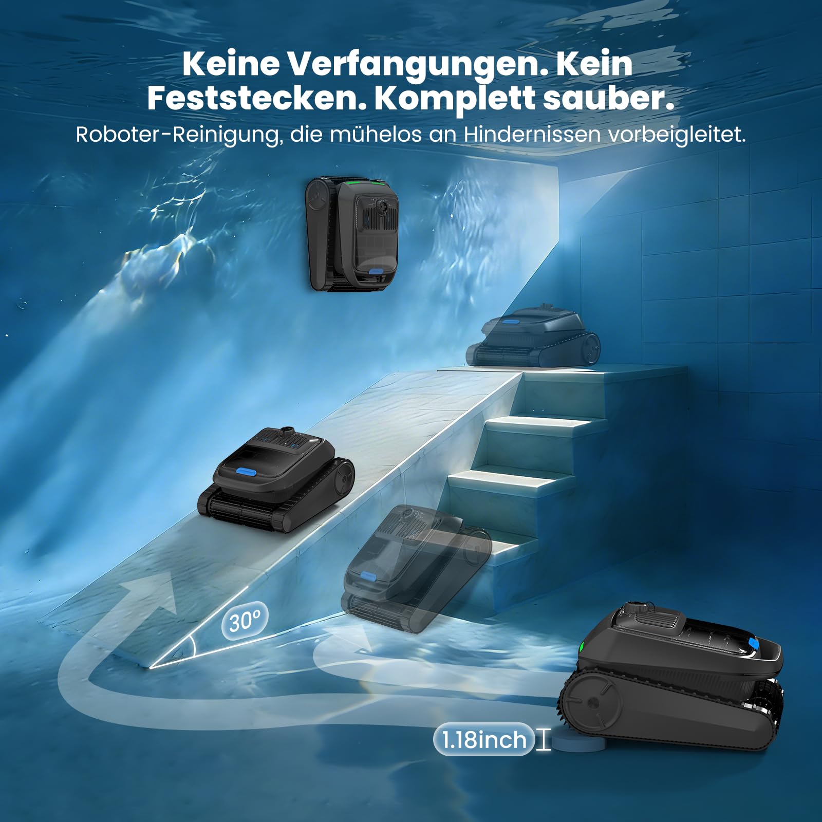 PC200 Lite Robot Piscine sans Fil Sol et Parois, Ligne d'eau | Aspirateur Piscine sans Fil, Ultrasons & Navigation Intelligente, Autonomie 150 Min, Nettoyeur de Piscine jusqu'à 300 m²