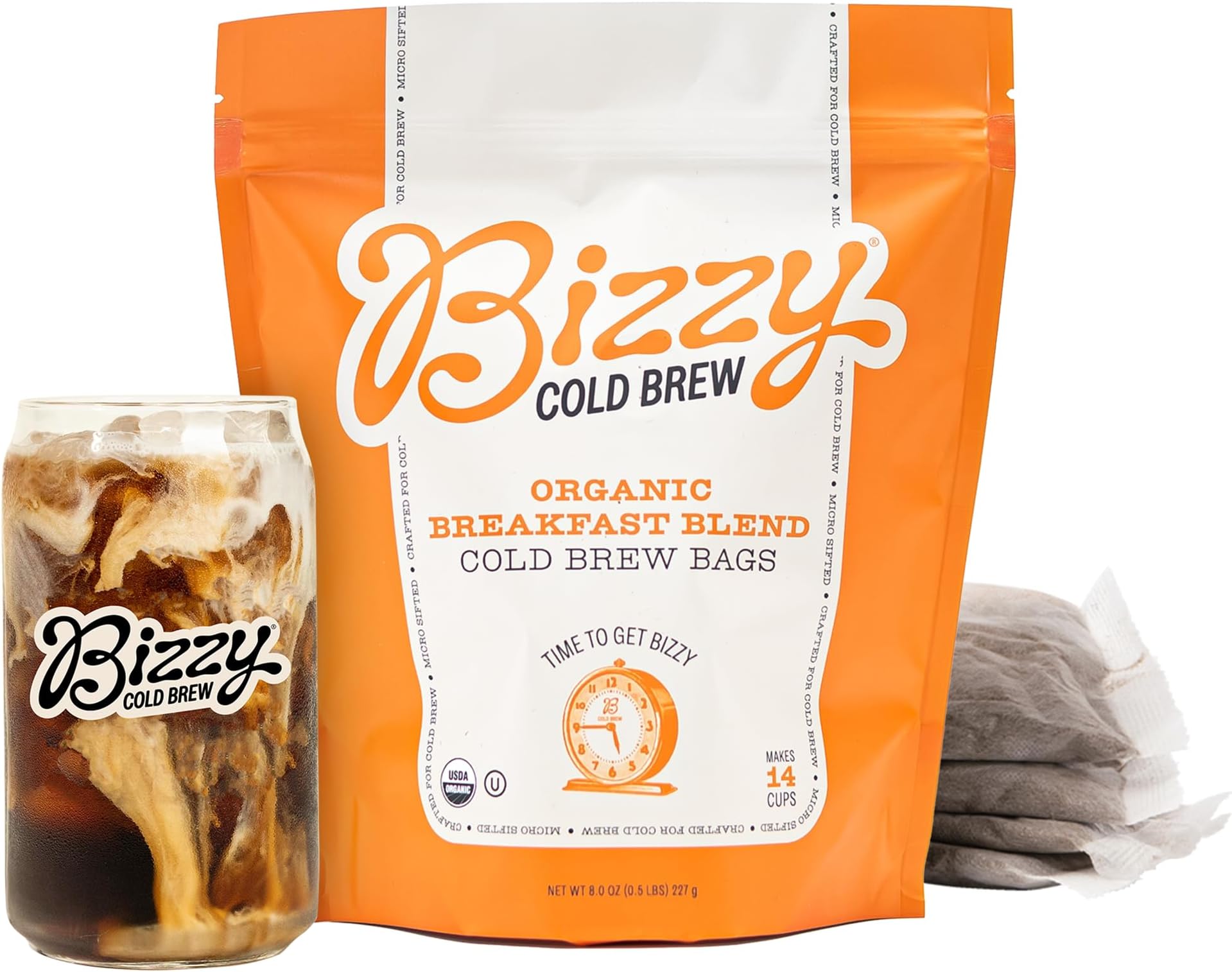 Bizzy Organic Cold Brew Coffee | Breakfast Blend | Coarse Ground Coffee | Medium-Light Roast | Micro Sifted | Specialty Grade | 100% Arabica | Brew Bags | 4 Count | Makes 14 Cups
