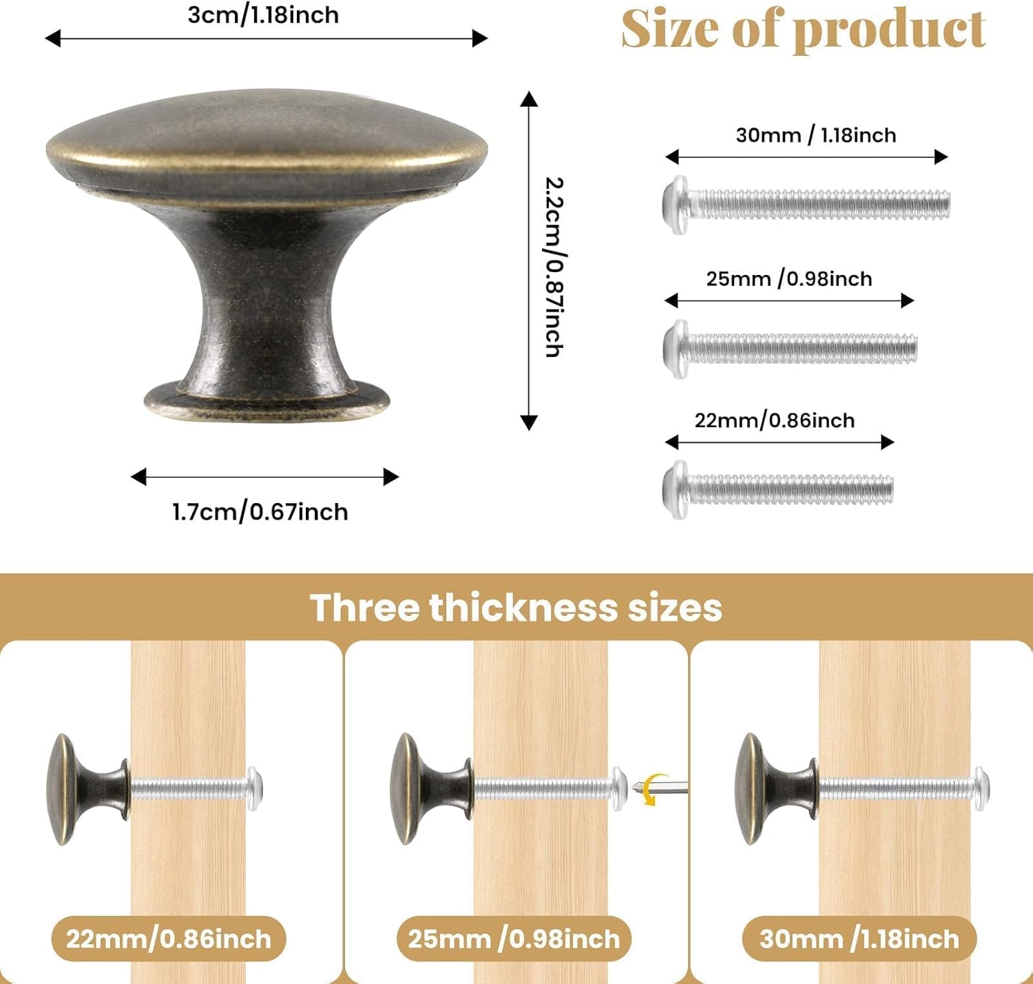 12x Cabinet Knobs Bronze Oil Rubbed Round Antique Dresser Door Knob Pull Handles 30mm/1.18in for Closet Chest Bathroom Kitchen Furniture Cupboard Hardware