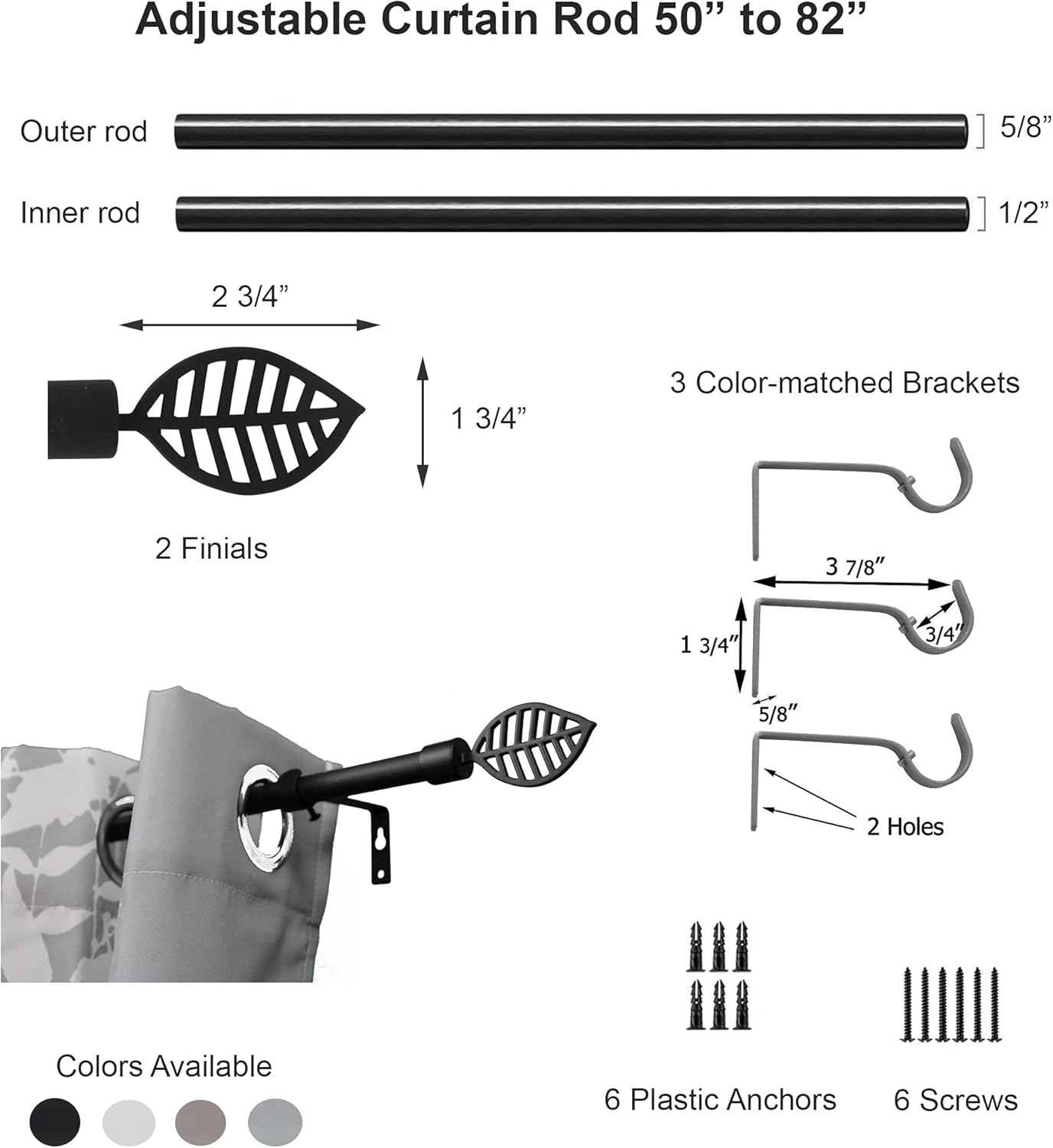 Adjustable Single Curtain Rod 50"-82" with Leaf Finials and Brackets, Taupe