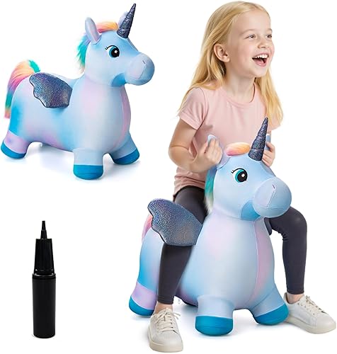 EVERICH TOY Caballos hinchables de unicornio inflable de peluche para saltar animales de tolva rebotadora para niños pequeños, animales inflables