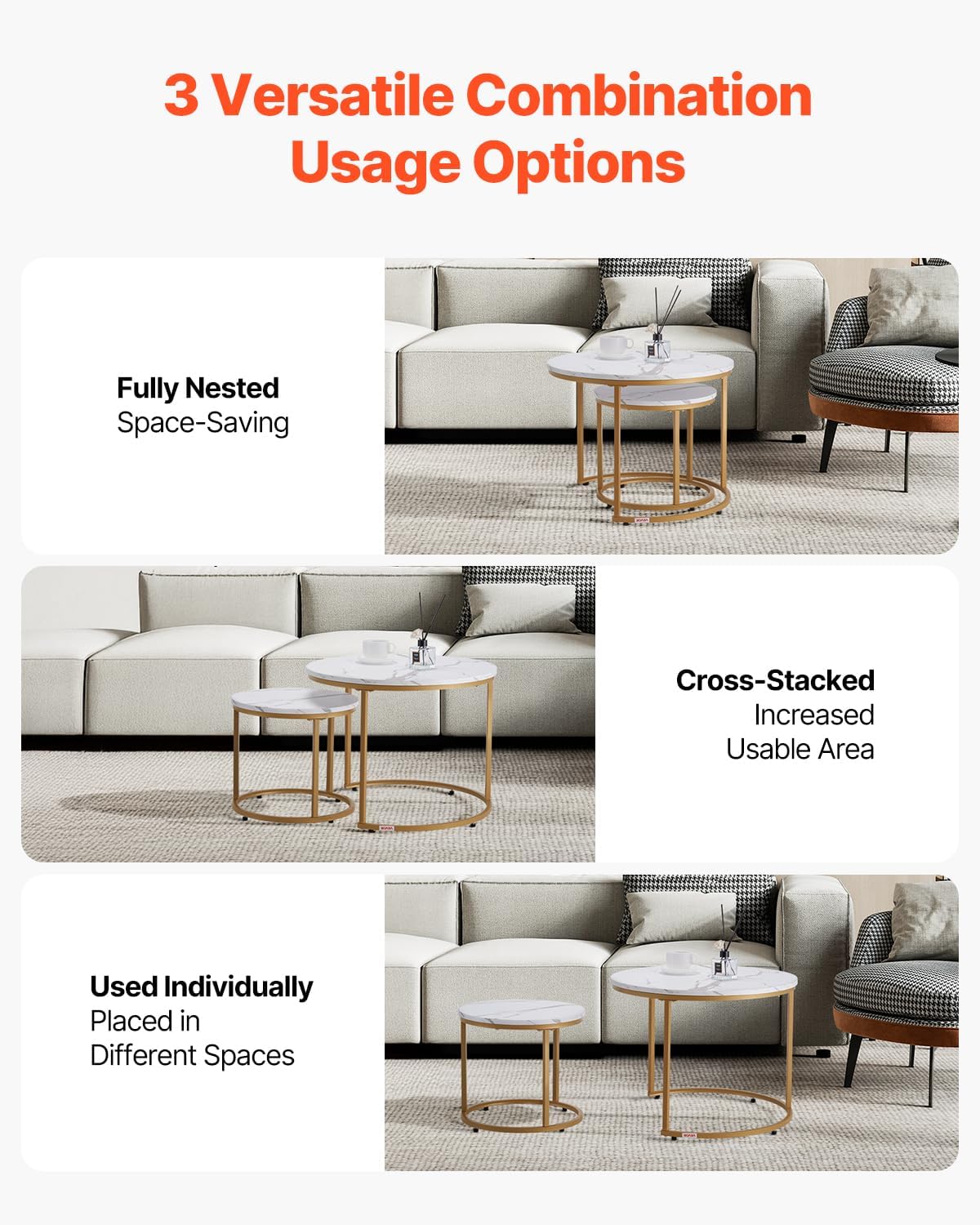 VEVOR Nesting Coffee Table Set of 2, 23.6 in Round Coffee Table, Nesting Tables for Small Place, Vintage End Side Tables Night Stand with Metal Frame, for Living Room, Bedroom, Office (White & Gold)