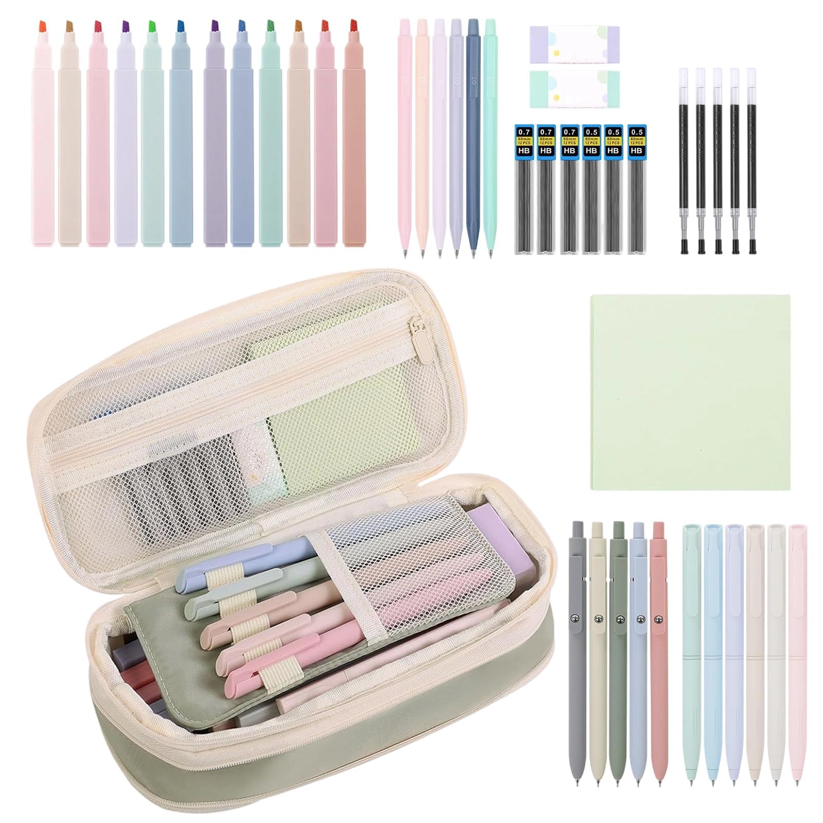 Ensemble de fournitures scolaires esthétiques : surligneurs, stylos gel, gommes et bloc-notes avec grande trousse – Idéal pour l'école, les études, le travail et les cadeaux