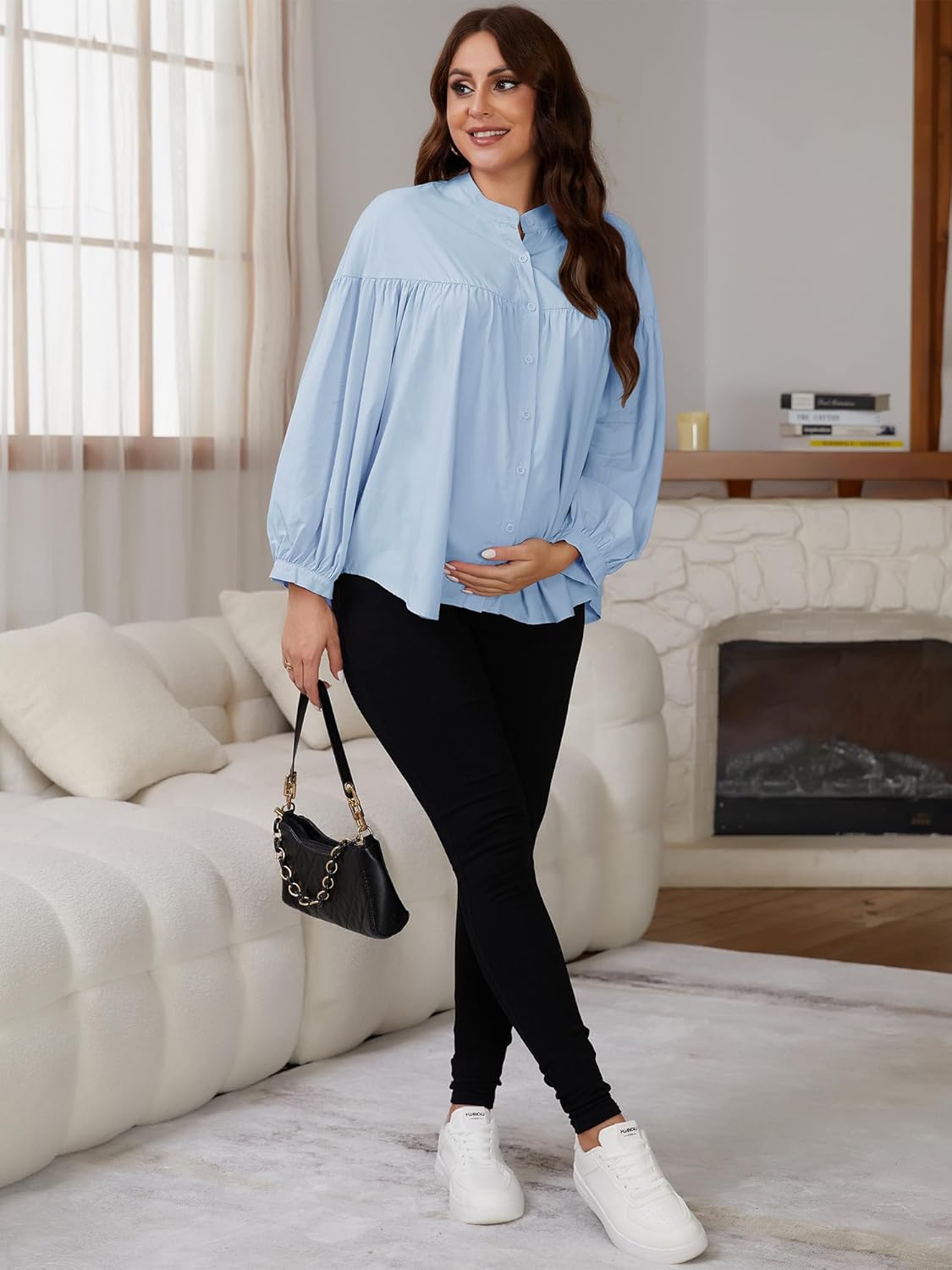 Womens Maternity Button Down Work Shirts Nursing Blouses Business Pleated Lantern Sleeve Pregnancy Office Tops - Image 3