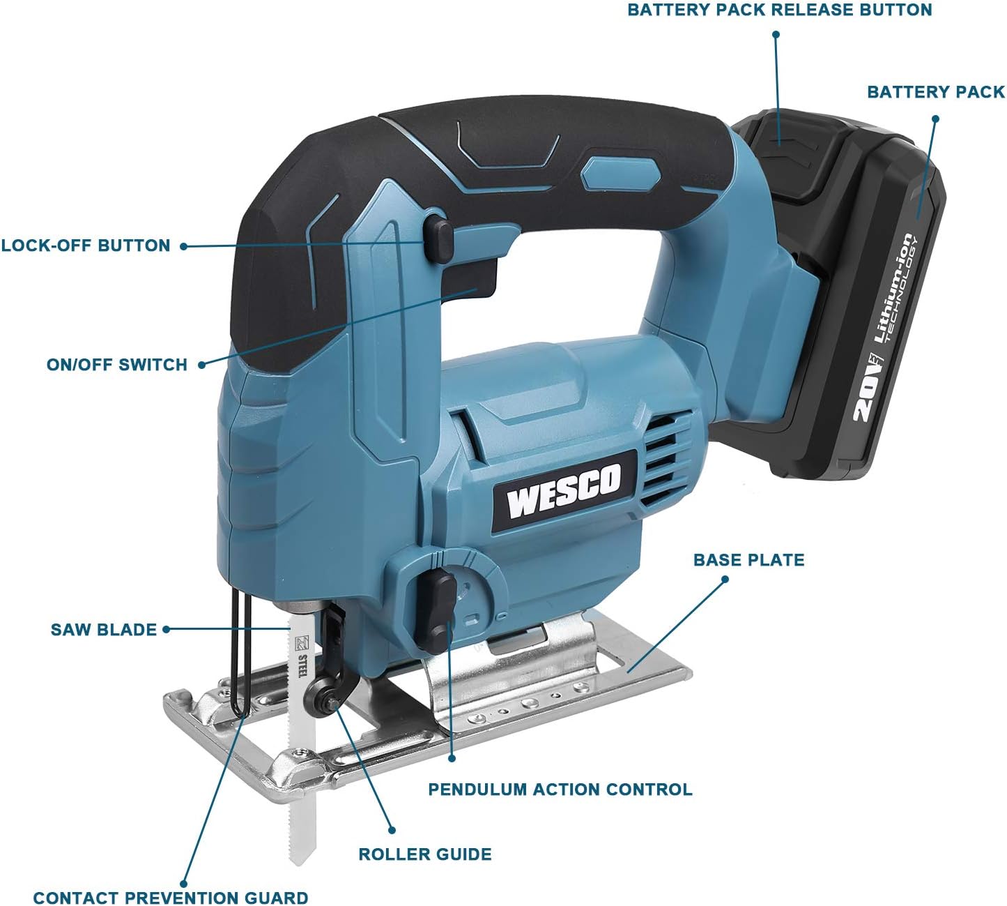 Onе-Dау Sаlе: Uр tо 40% оƒƒ Cordless Jigsaw Tool, WESCO 20V 2.0A Jig Saw with Battery and Charger, 2500SPM, 45° Bevel Cutting, Adjustable Aluminum Base, 4 Orbital Setting for Woodworking (Dust Adapter/10pcs Saw Blade) WS2305U