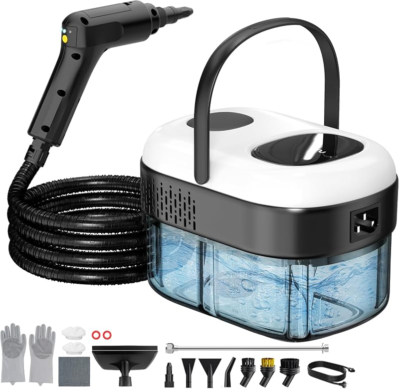Limpiador a vapor de mano presurizado para el hogar, vapor ajustable de 3 niveles | Potencia de 2500W, calentamiento rápido en 15s y tanque de 47,3oz, vaporizador portátil multisuperficie para limpiar suelos/lechada/auto/cocina y baño
