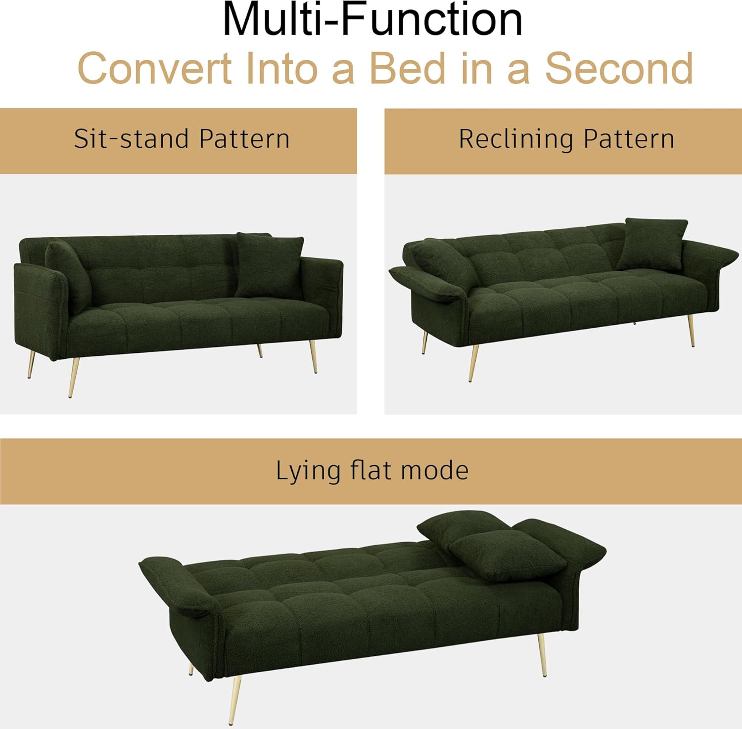 70.1 "futon Sofa Bed, Convertible Double Sofa Bed with Folding armrests for Living Rooms and Small Spaces (Green)