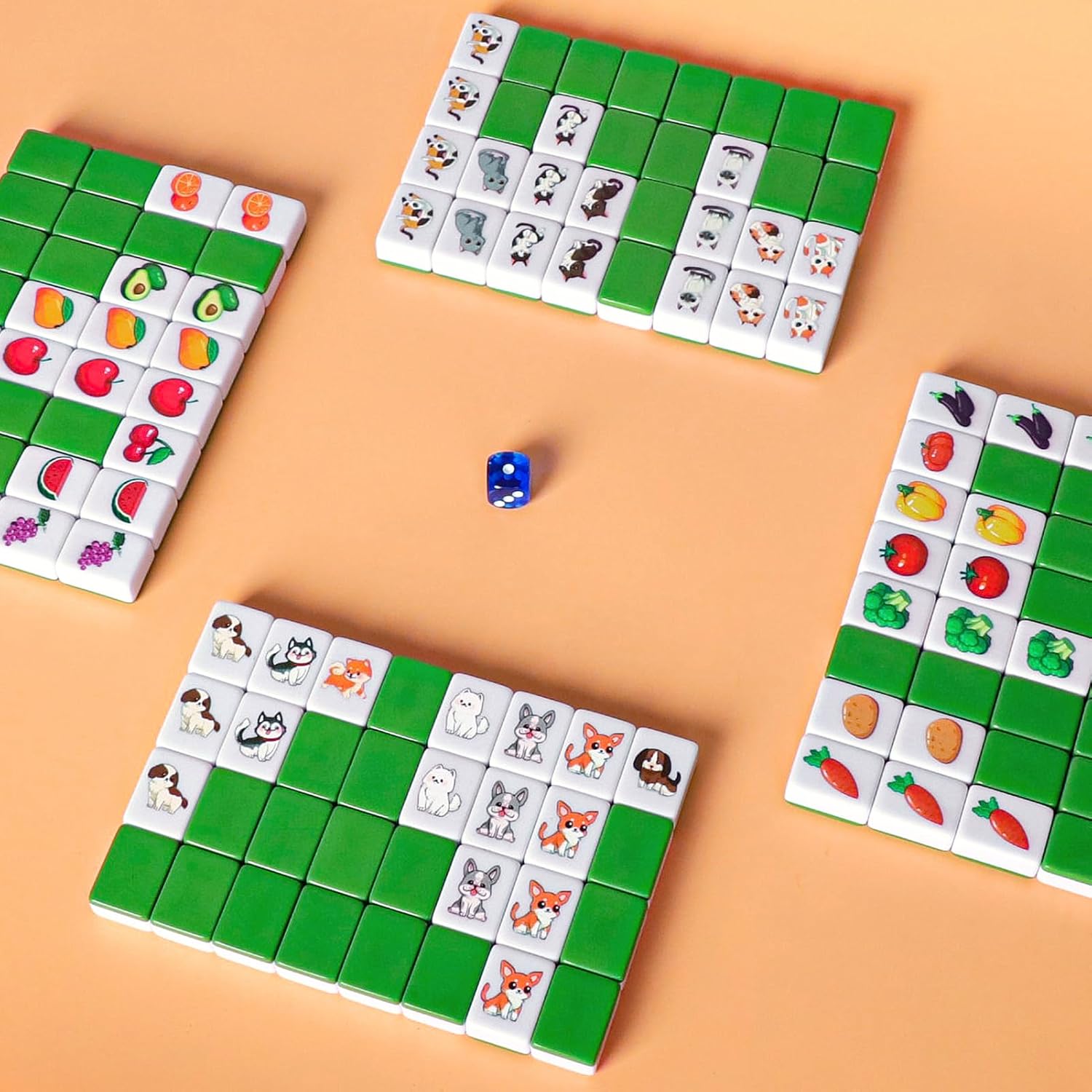 GRACIAS 4 Players Mahjong Block Set, 128 Green Tiles(1.18”) with Animal and Food Pattern, Portable Mahjong Set with A Carry Bag, Mahjong Tile Game