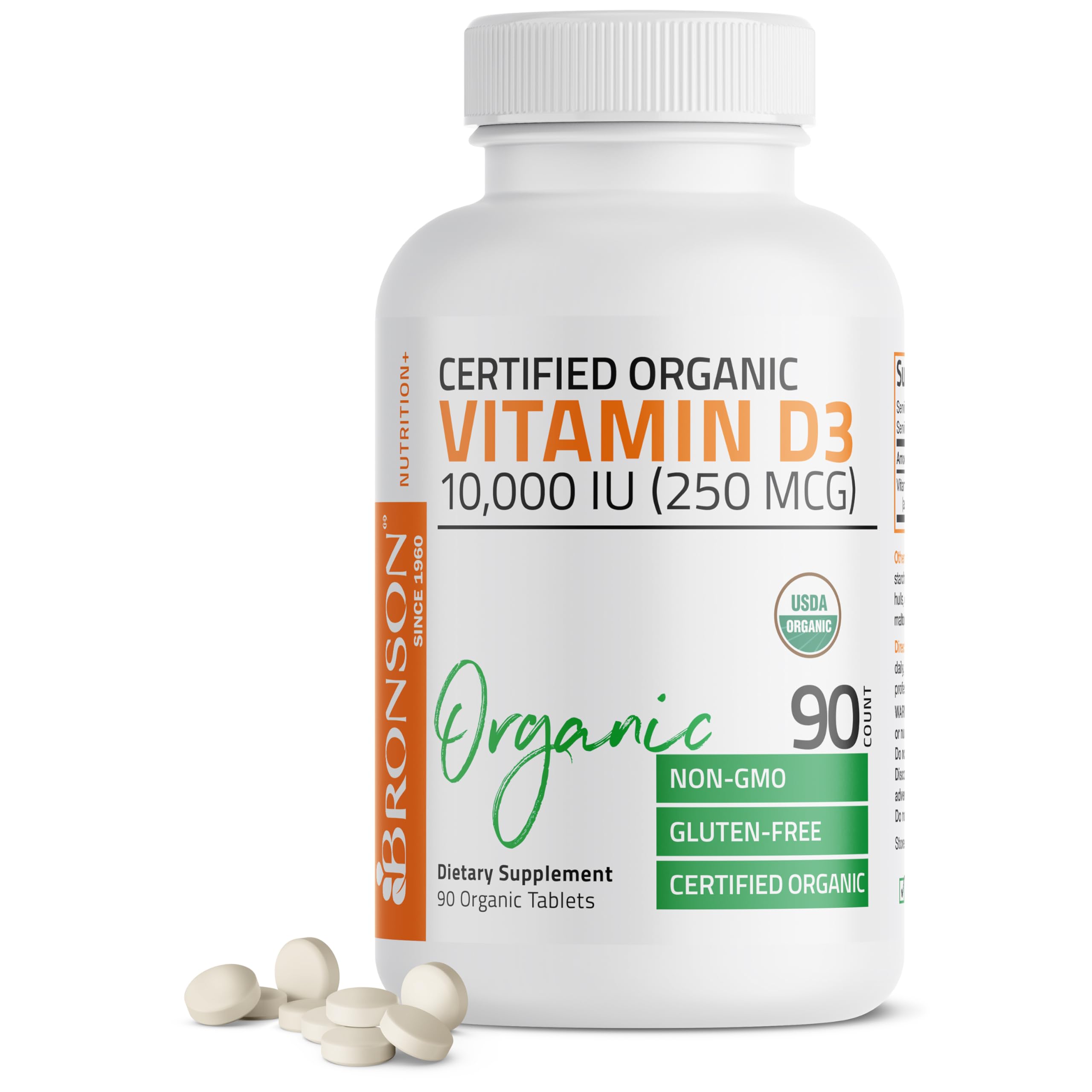 Bronson Vitamin D3 10,000 IU (250 mcg), USDA Certified Organic, 90 Tablets 90 Count (Pack of 1)