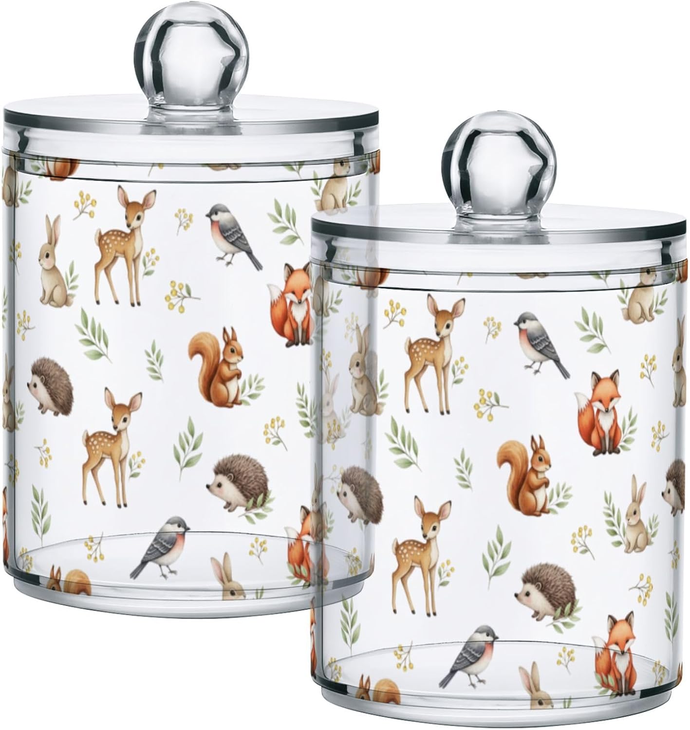 Gredecor 2 Pack Qtip Holder Clear Wild Woodland Baby Animals Apothecary Jars with Lids Acrylic Bathroom Jars Vanity Countertop Canister Storage Organizer for Cotton Ball,Swabs,Pads,Floss