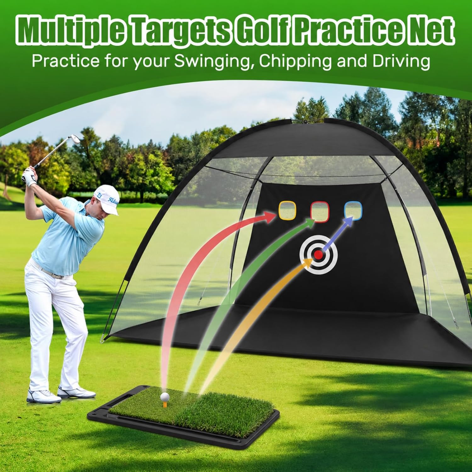 Golf Net 10x6.5FT, Foldable Golf Practice Hitting Net with Tri Turf Mat, Targets, Ball Collection, Bag & Balls for Backyard Driving, Chipping, Swing, Indoor Outdoor, Gifts for Dad.