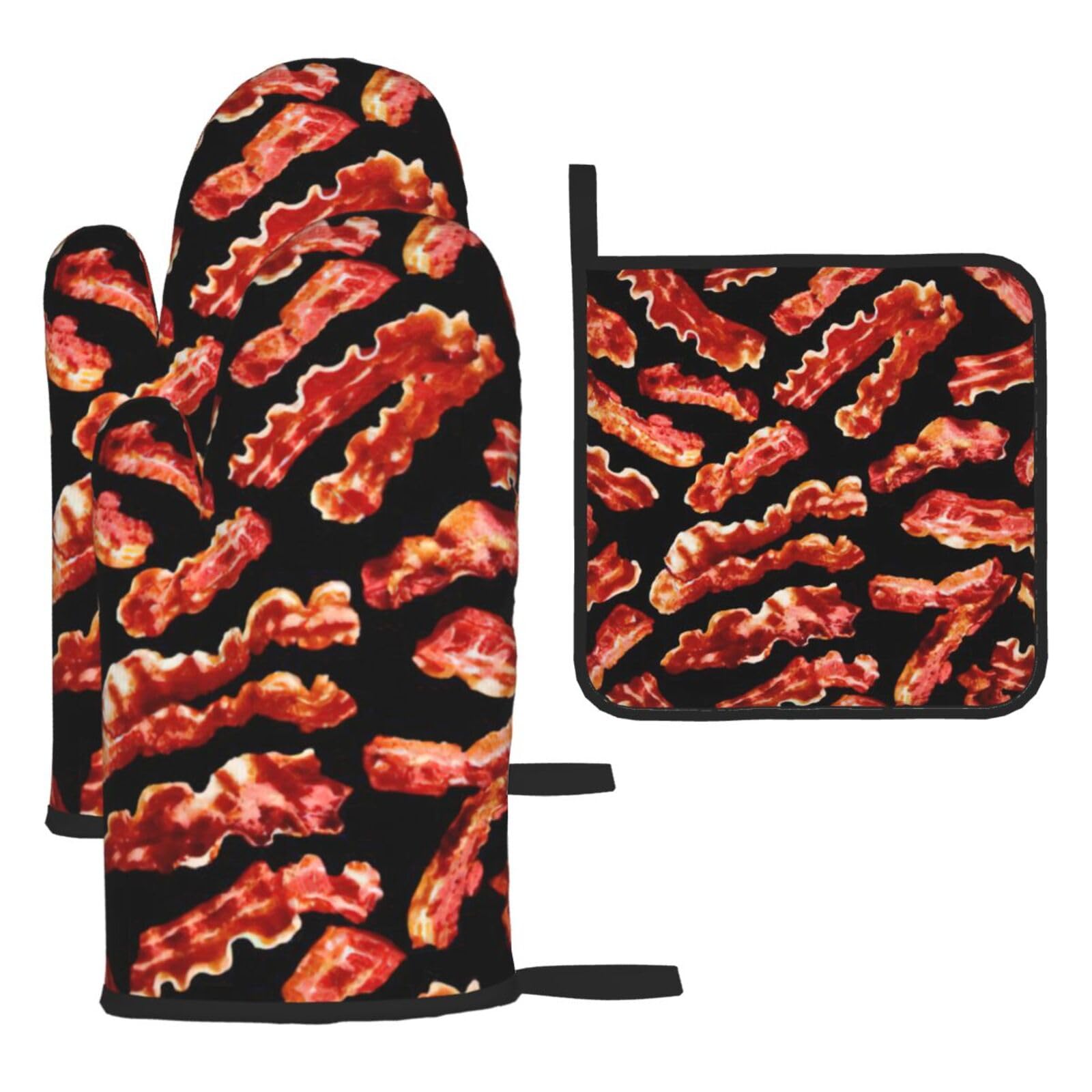 Bacon Pattern Print Oven Kitchen Gloves For Baking Outdoor Grilling Home Use Mitts Microwaving Bbq