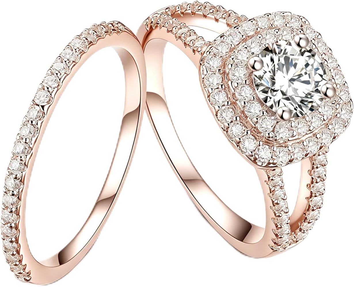 Amazon.com: Halo Cushion Cut Wedding Ring Set Bridal Ring Set for Women 925  925 Sterling Silver Rose Gold Plated 1 Carat Moissanite Engagement Rings  Sets Promise Anniversary Ring for Her4 : Clothing,