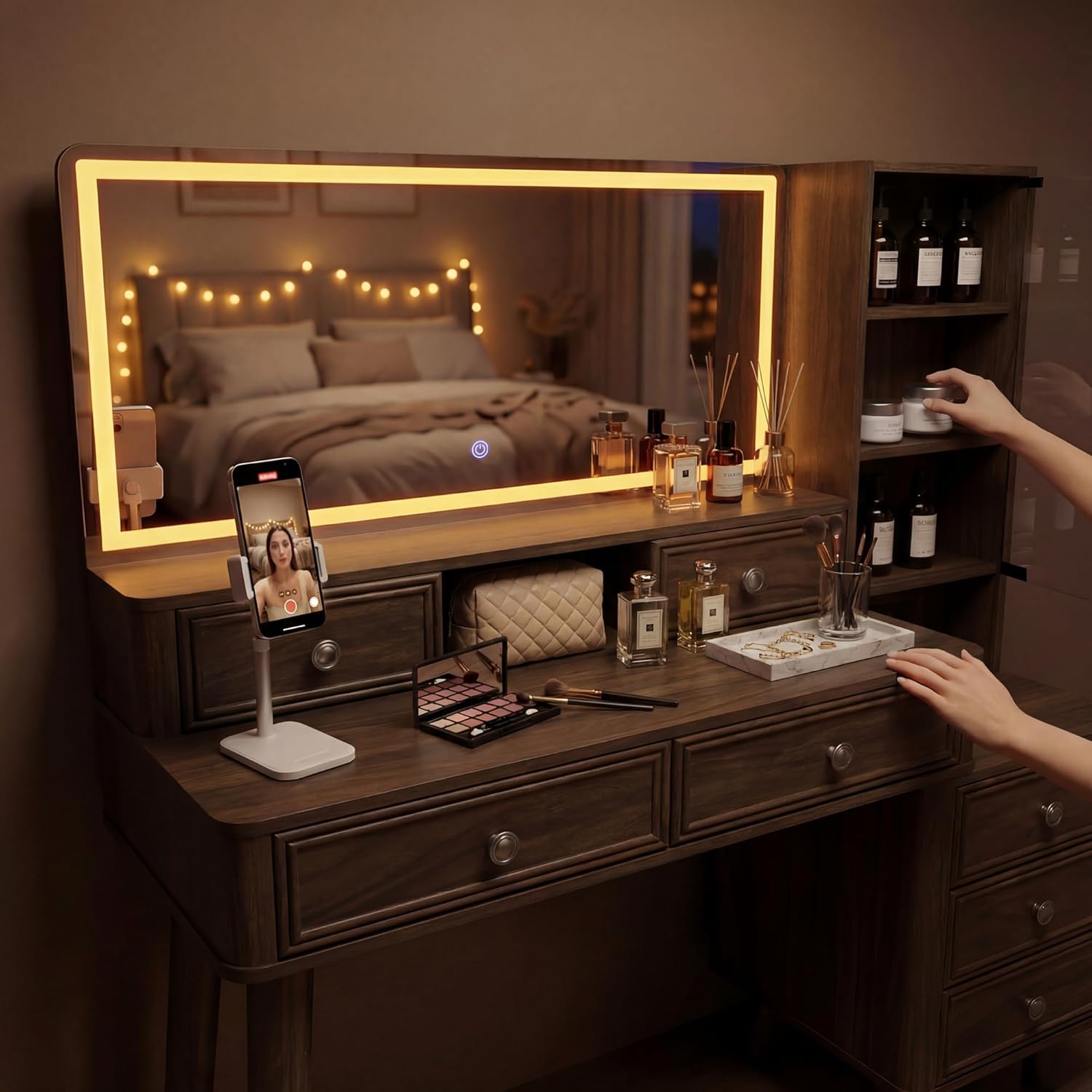 YESHOMY Makeup Vanity Desk with Large Mirror and LED Lights, with 7 Drawers & Charging Station, Dressing Table Set Modern Glass Storage Cabinet with Adjustable Shelves for Bedroom, Dark Walnut