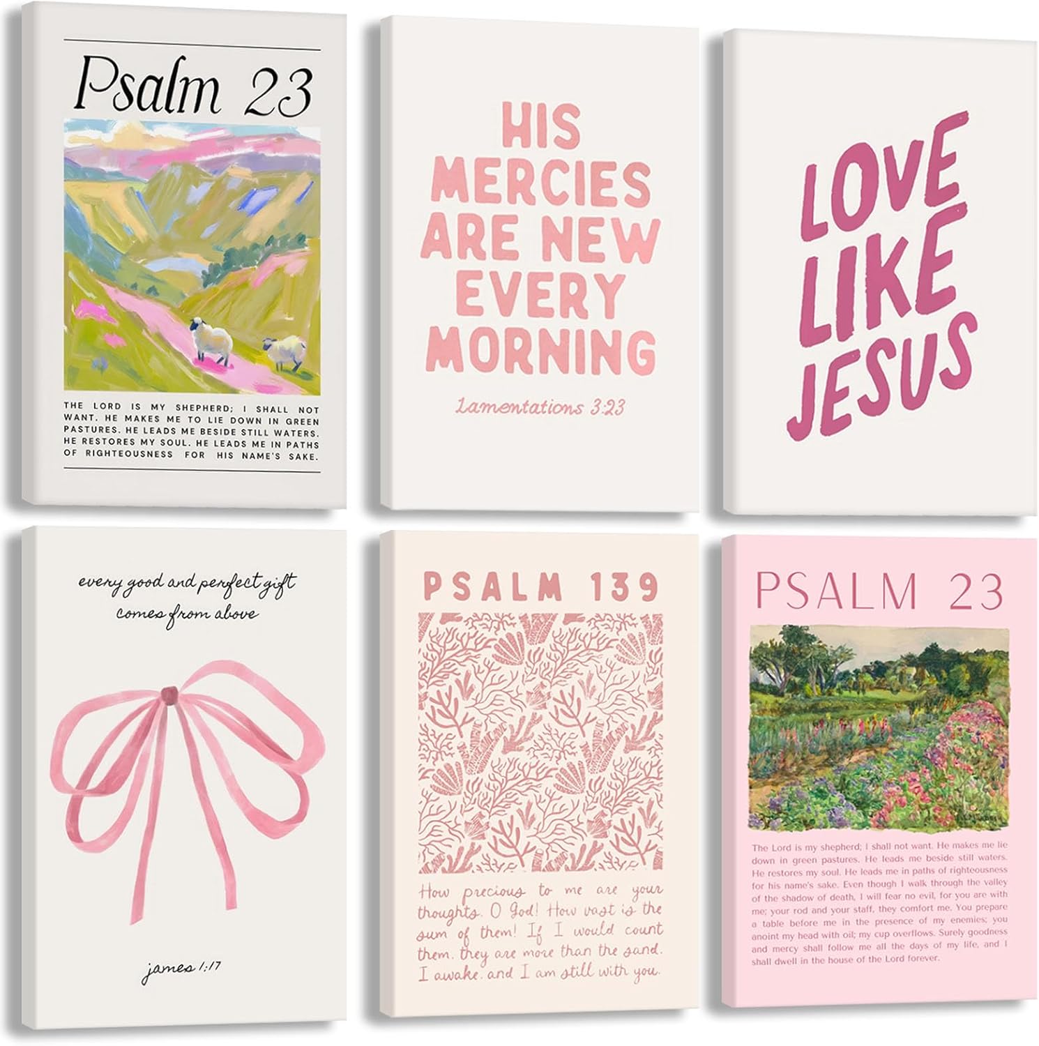 Pink Christian Canvas Wall Art set of 6 Bible Verse Bow Pictures Wall Decor Trendy Preppy Posters Prints Scripture Religious Jesus Painting Artwork for Girls Room Christian Housewarming Gift