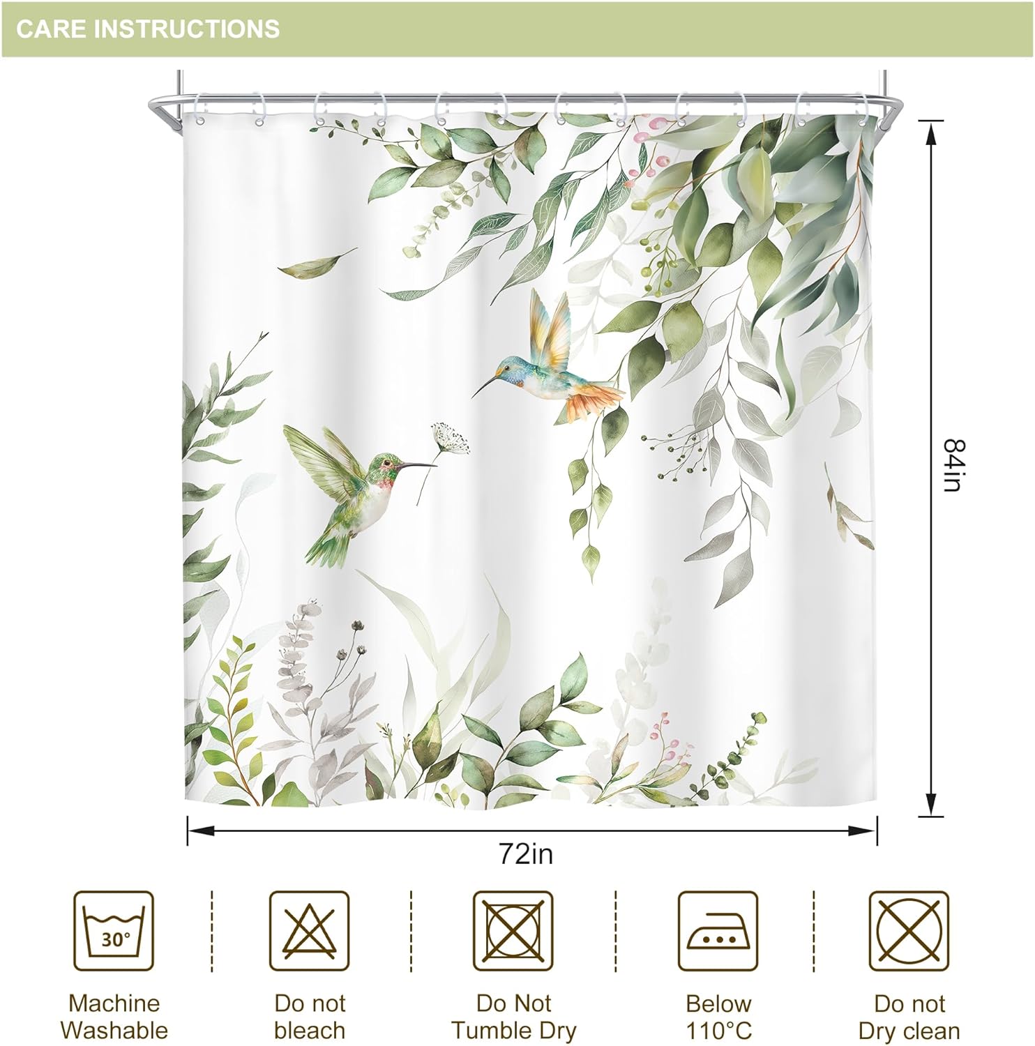 Riyidecor Extra Long Sage Green Eucalyptus Shower Curtain Spring Botanical Leaves Hummingbird Plant Bird Aesthetic 72Wx84H Inch Girls Women Fabric Decor Bathroom Polyester Waterproof 12 Pack Hooks