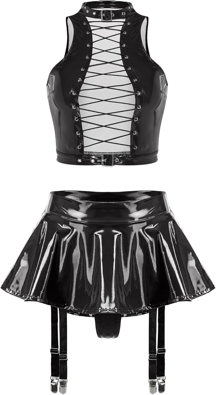 iiniim Women's Wetlook Lingerie Set Sleeveless Gothic Punk Tops with Ruffle Skirt Built-in Thongs