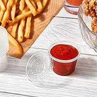 Vista 6 de Lilymicky 400 juegos de vasos de plástico desechables de 1 onza con tapas, pequeños recipientes de plástico para condimentos para salsa, vasos