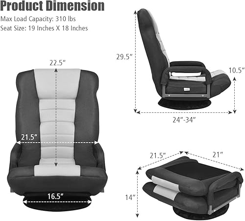 Miniatura 21 de Giantex Silla de suelo, silla giratoria de 360 grados con respaldo ajustable, soporte lumbar, reposabrazos, sofá mecedora plegable para TV, lectura,