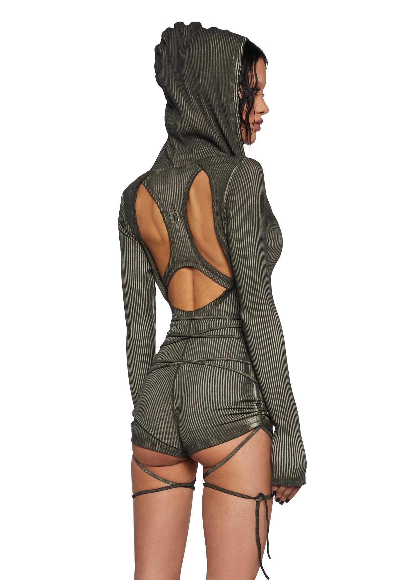 Dolls Kill Crossfade Hooded Romper by DARKER WAVS – Ribbed Jersey, Button-Up Front, and Ruched Sides: Medium Green
