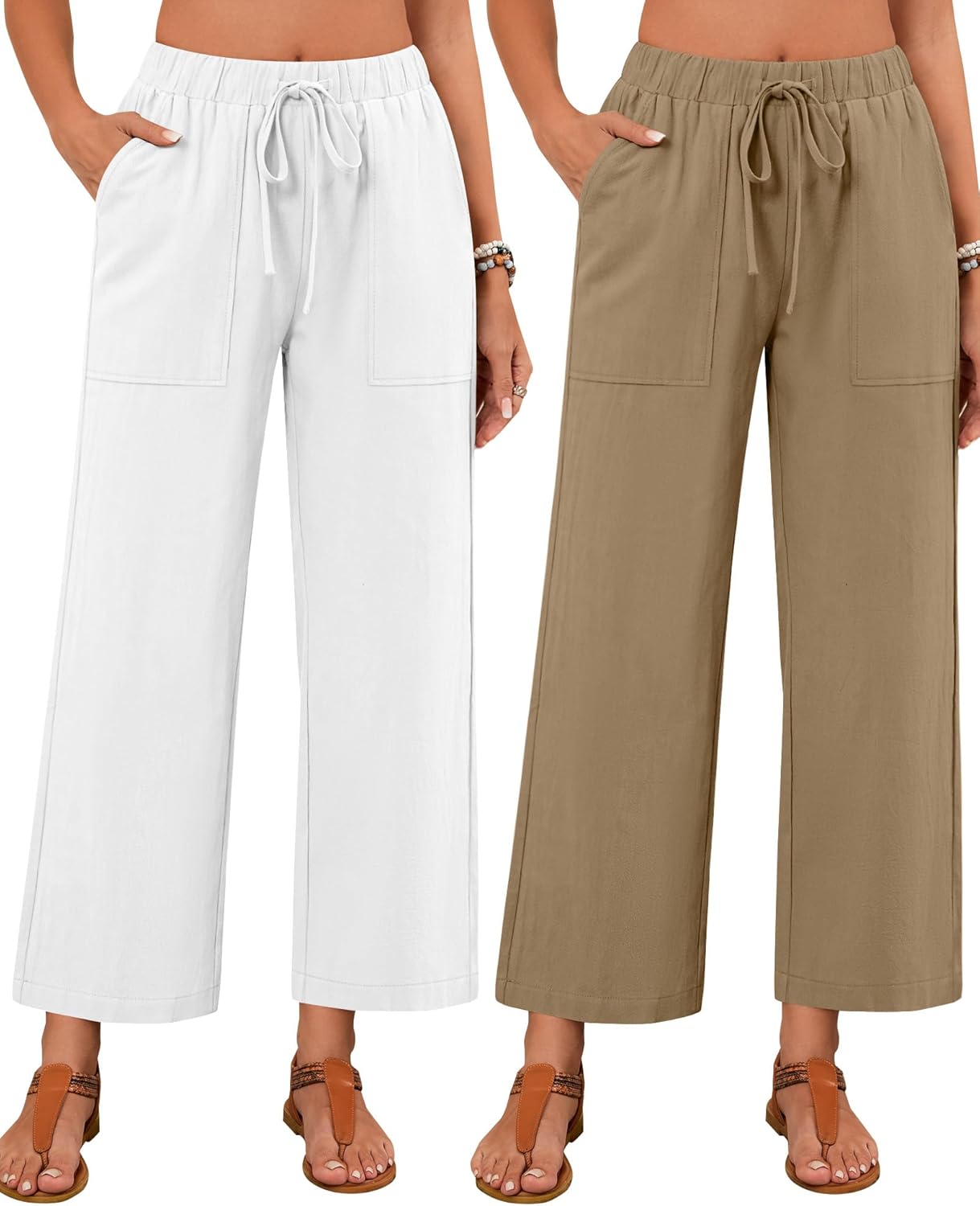 Neer 2 Pack Women’s Linen Pants with Pocket, Casual Summer Drawstring Beach Pants High Waisted Wide Leg Loose Palazzo Trouser