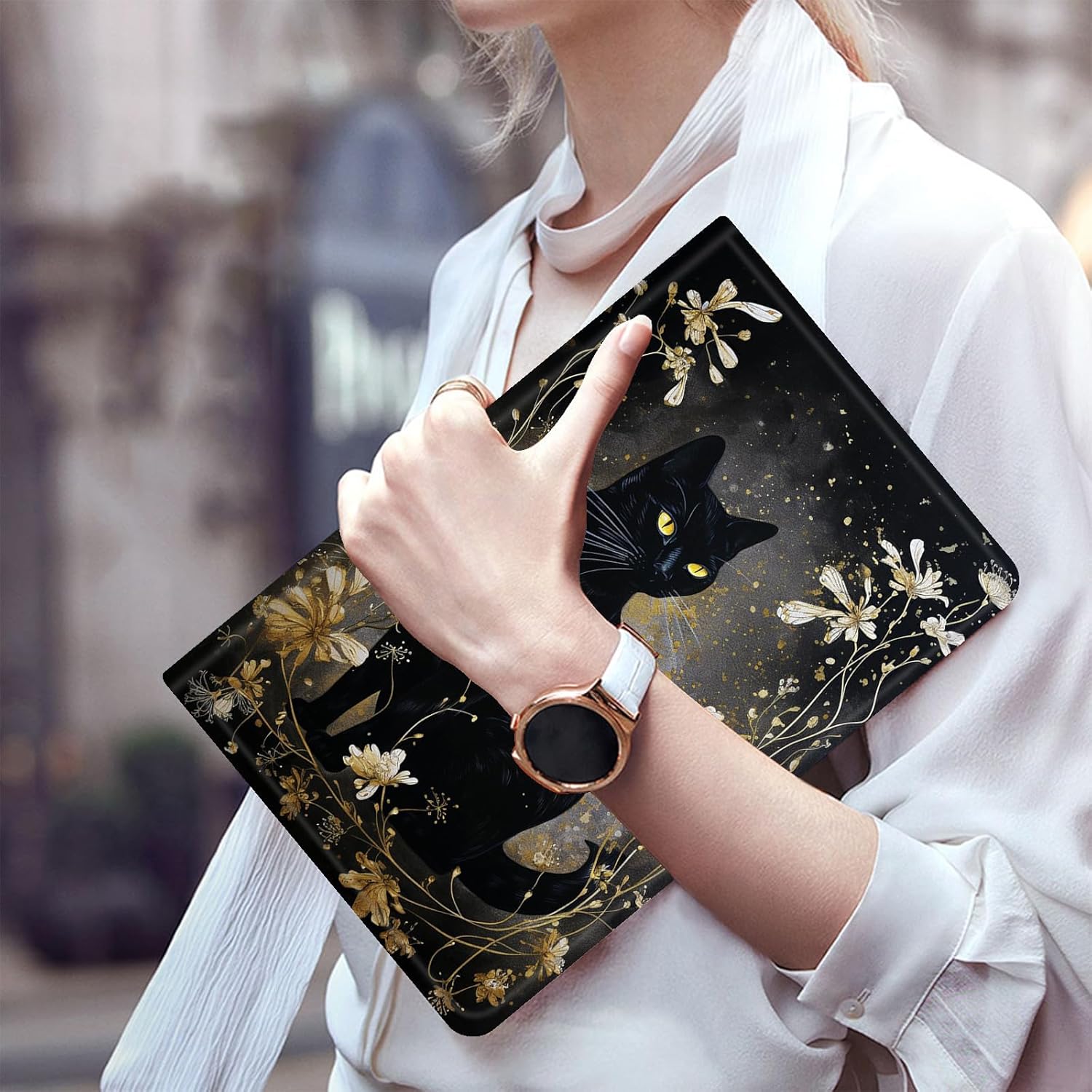 FUYOCWE for 7" Kindle Paperwhite Case (2024-12th Generation)/7 Inch Kindle Colorsoft Signature Edition Case,PU Leather Adjustable Stand Flip Cover w/Auto Sleep Wake-Black Cat with Gold Floral