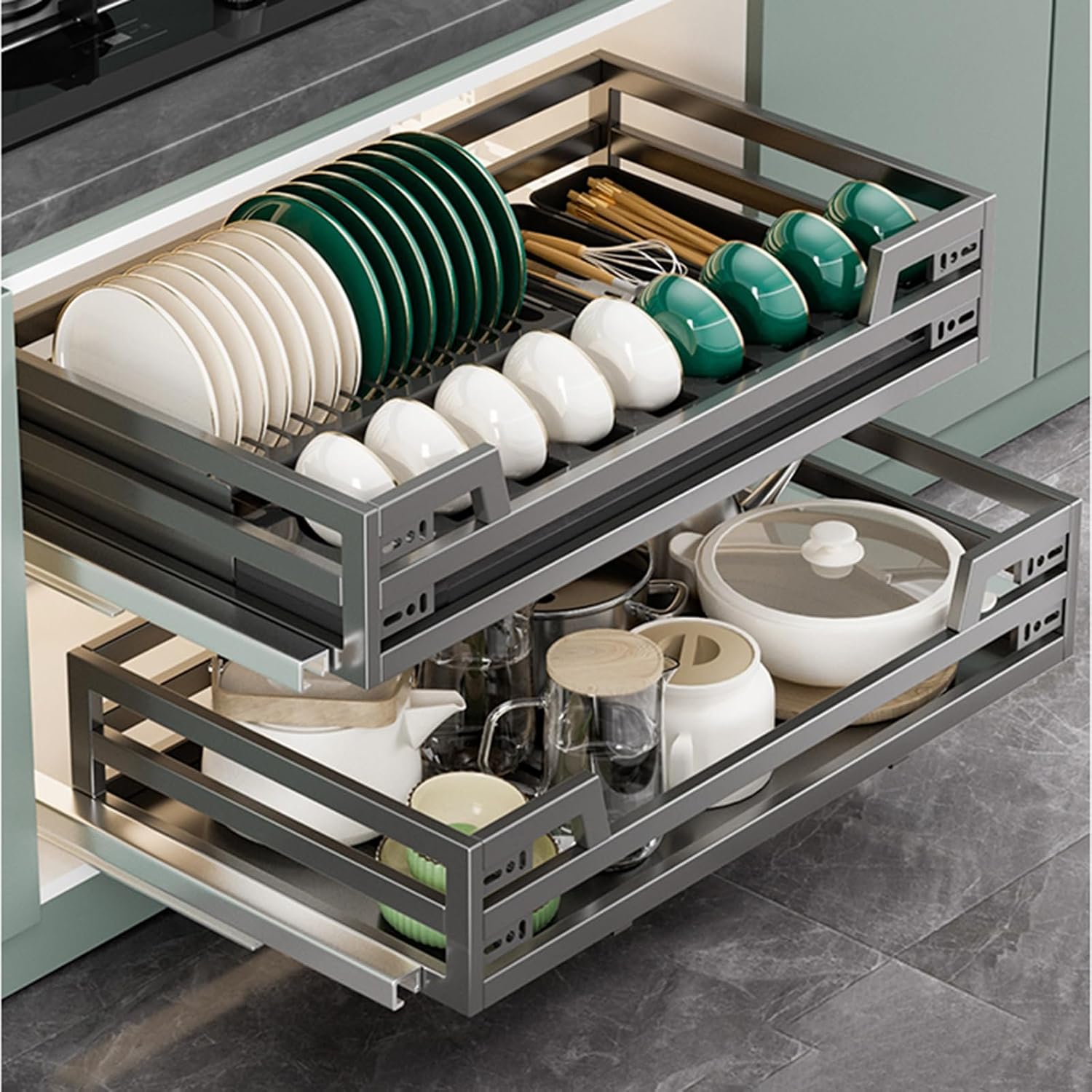 Stainless Steel Pull Out Cabinet Organizer, 2 Tier Slide-Out Drawers for Kitchen Cabinets with Catch Tray, Adjustable Rails (for 80cm Cabinet)