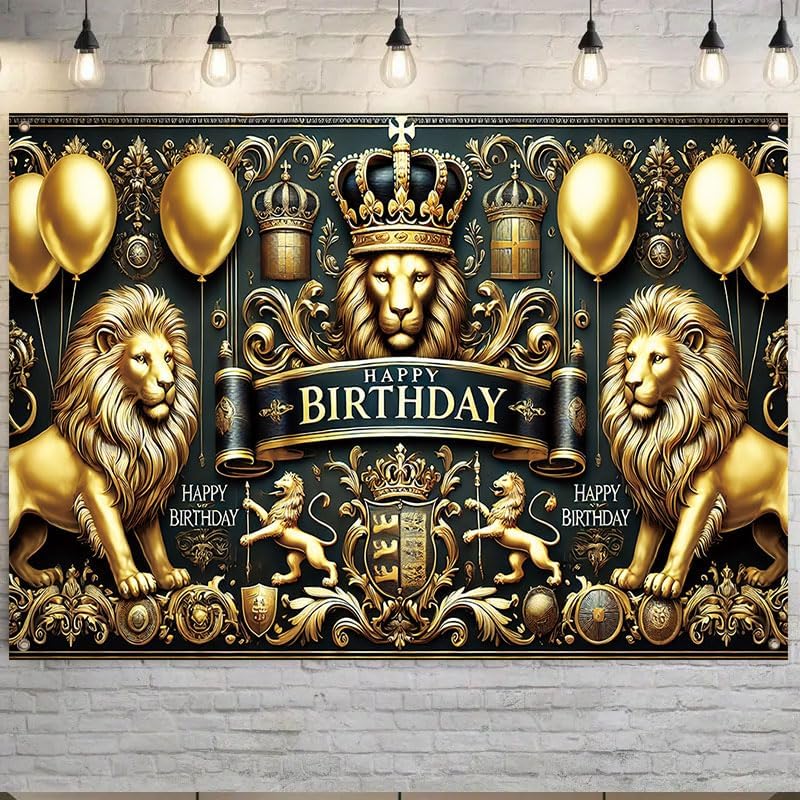 Black and Gold Party Decorations Banner 71x43 Inch, Large Happy Birthday Backdrop, Royal King Theme Photo Booth Background for Adults Men Indoor Outdoor Celebration