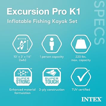 INTEX 68303EP Excursion Pro K1 Inflatable Kayak Set: Includes Deluxe 86in Kayak Paddles and High-Output Pump SuperTough PVC Adjustable Bucket Seat 1-Person 220lb Weight Capacity