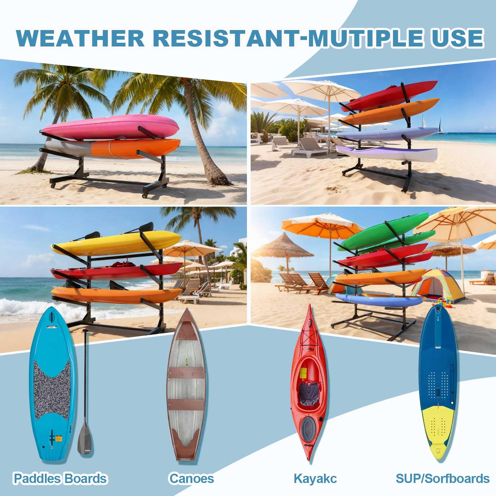Kajak-Aufbewahrungsgestell mit Rädern, Hochbelastbarer, Verstellbarer, Freistehender SUP-Aufbewahrungsständer, Aufbewahrungsgestell für Kajaks, SUPs, Kanus und Paddleboards,4 Levels for 4 Kayaks
